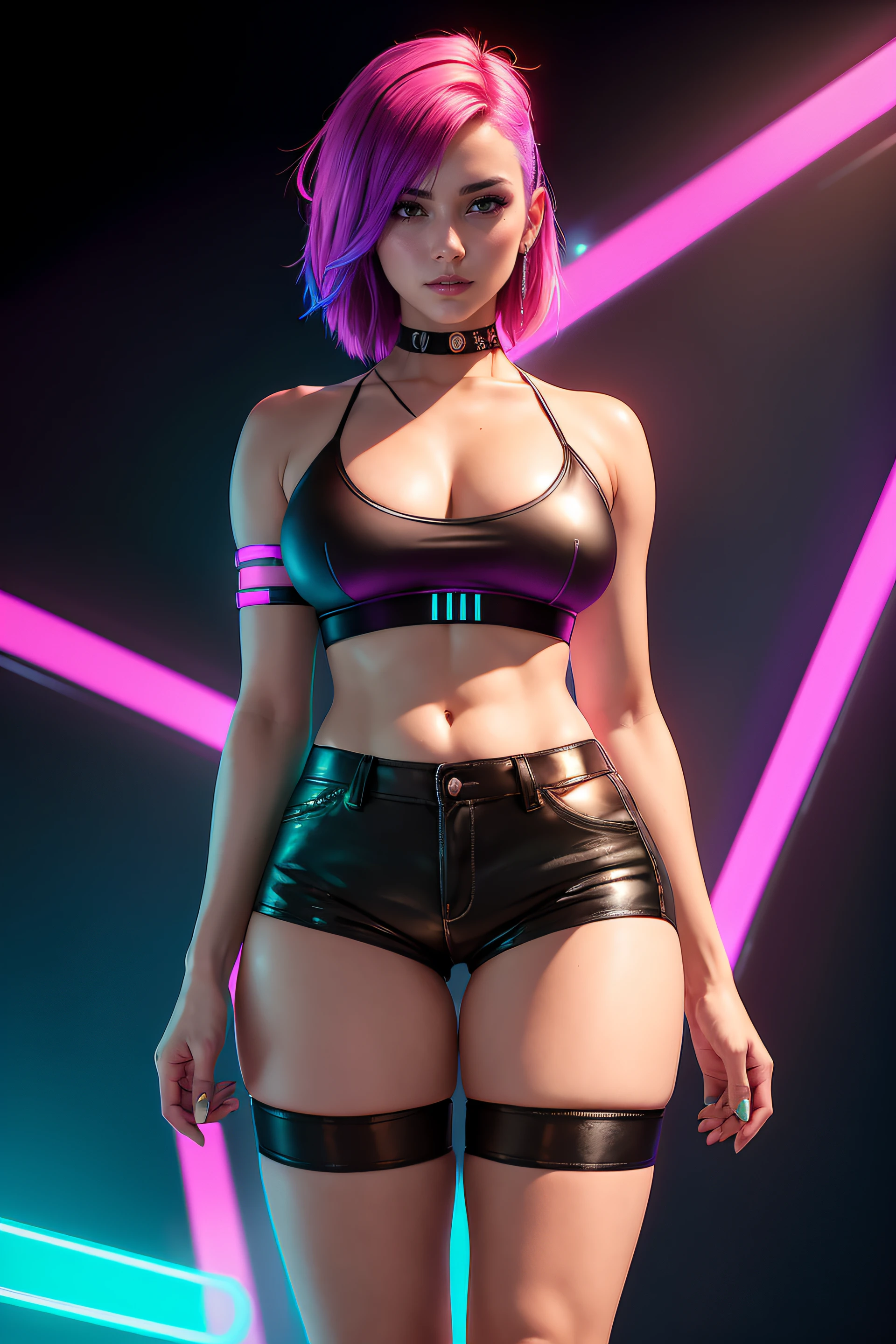 there is a woman standing with a rainbow light, 3 d neon art of a womans body, neon-noir background, cyberpunk femme fatale, seductive cyberpunk dark fantasy, ((tight shorts:1.4)), cyberpunk strip clubs, cyberpunk 20 y. o model girl, oppai cyberpunk, banner, high definition cgsociety, cgsociety masterpiece, trending on cgstation, kda