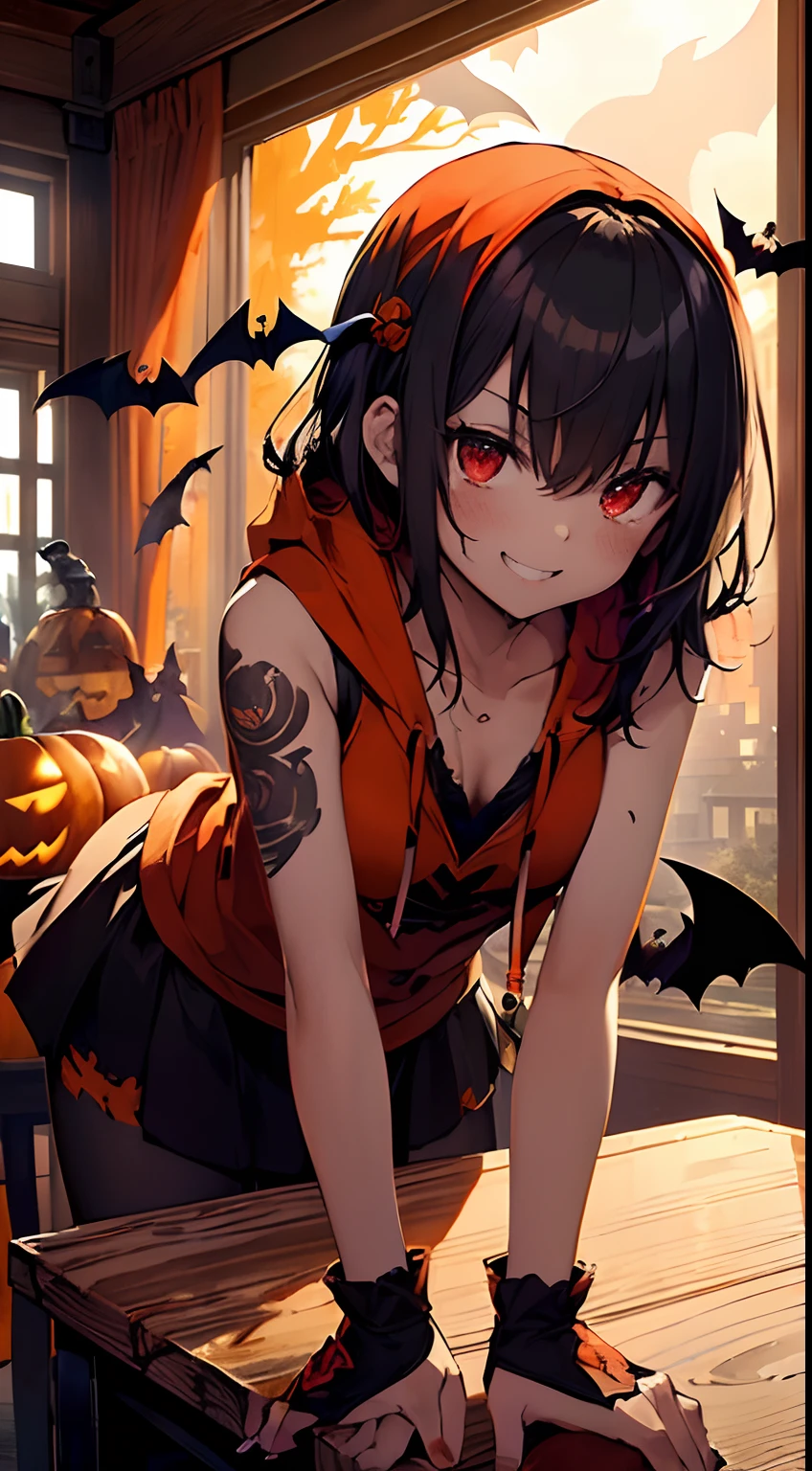 top-quality、Top image quality、​masterpiece、teens girl((18year old,Succubus、Black and orange tattered tank top,Tattered orange and black short skirt、Tattered orange short-sleeved hoodie、Wearing a hood,Best Bust、Bust 85、A dark-haired、Longhaire,Red Eyes、open chest wide、Valley、Happiness、A slender、Blood coating、Leaning forward、Prank、Black wings、Pampering、Emphasis on the chest、Crow gesture、Bats tattoo、A smile、low angles)）hiquality、Beautiful Art、Background with((natta、window、Red sky、Halloween at night、the bats、pumpkins,Nightmare、Inside the Halloween venue、Wooden table、Wooden chair、red wine))、masutepiece、Elaborate design、visualart、Theatrical films