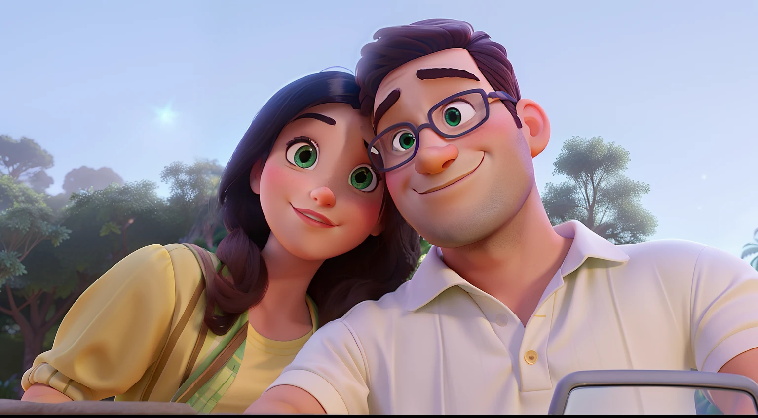 Um casal mulher e homem no estilo disney pixar, iluminado pela luz do sol, Against the backdrop of greenery