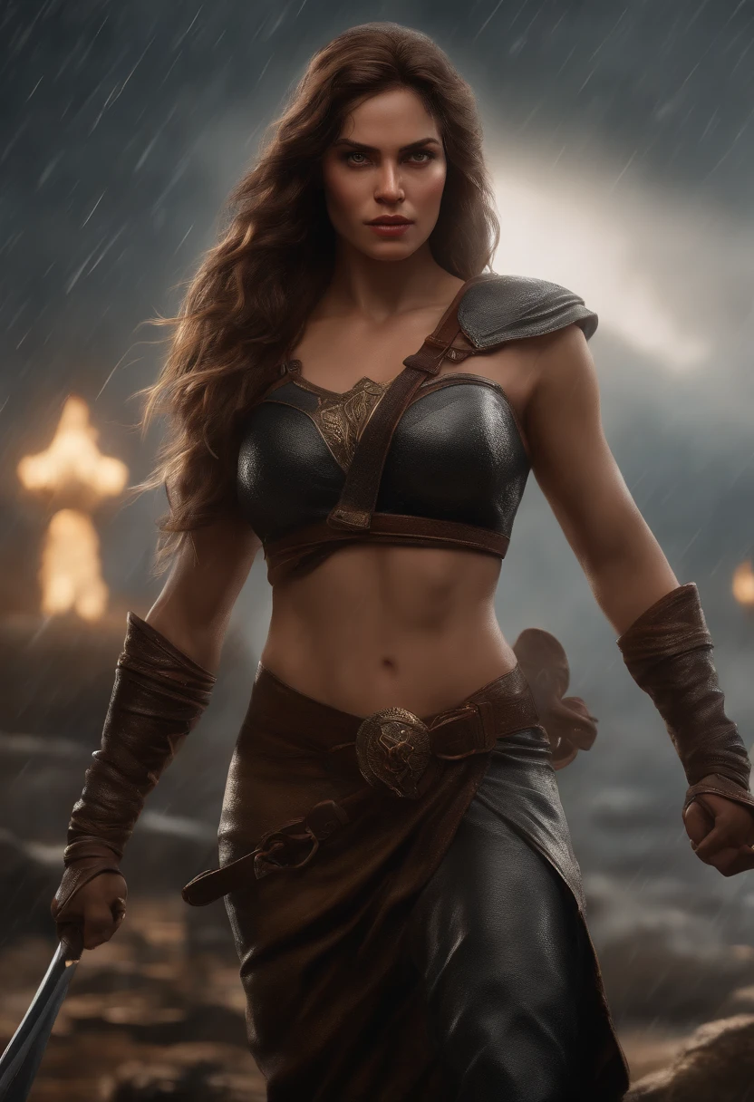 (Professional 3D rendering:1.3) de (Realistic:1.3) Foto de arte mais bonita do mundo,Features soft and bright female heroes, ((Epic Hero Fantasy Muscular Rough Woman Angry Wet Hero Looking Long Hair And Fierce Expression In Dynamic Pose, fantastic location, majestoso ambiente desordenado)), Full-body 8k unified rendering, action shot, poros da pele, very dark lighting, sombreamento pesado, circunstanciado, Rosto detalhado, (vibrante, fotogrdeia realista, Realistic, Dramatic, Escuro, foco nítido, 8k), (Old leather clothes damaged by bad weather:1.4), ((((Use peles)))), (intrincado:1.4), decadente, (altamente detalhado:1.4), pintura digital, rendering by octane, art stations, Conceito-Arte, liso, foco nítido, illustration, germe da arte, (Loish:0.23), Wlop Ilya Kuvshinov, e Greg Rutkowski e Alphonse Mucha Gracias, (global ilumination, studiolight, Light Volumetric), chuva forte, floating particles, patife, fantasia, Onze, corpo inteiroesbian, ((Fundo escuro e antigo da cidade:1.3)),CGSesociedade,art stations