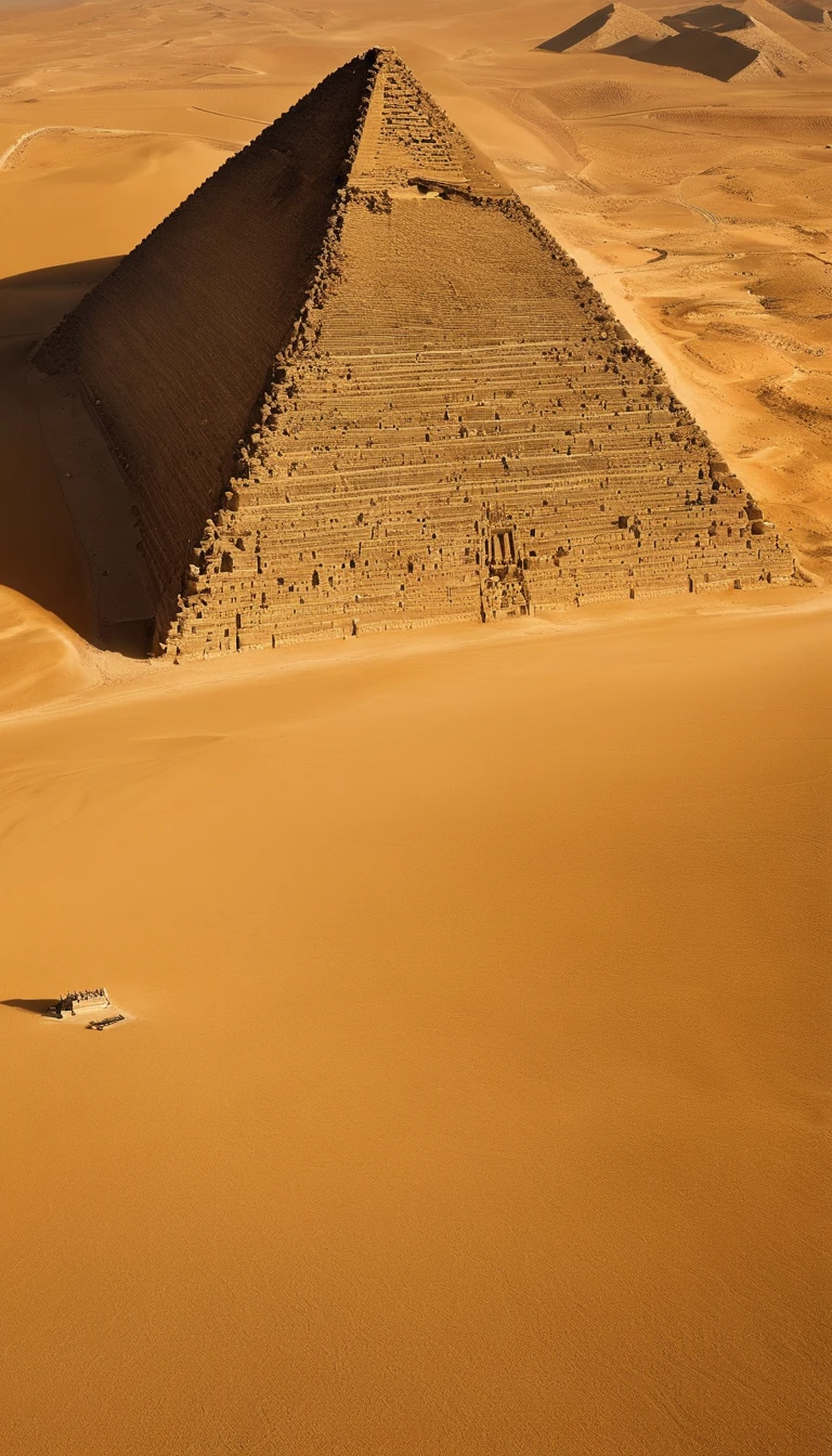 A close-up view of a specific section of the Great Pyramid, revealing the intricate construction techniques and textures of the limestone stones that make up the structure.

An aerial photo of the Pyramids of Giza, capturing the immensity of the complex and its position in relation to the desert and surrounding landscape.