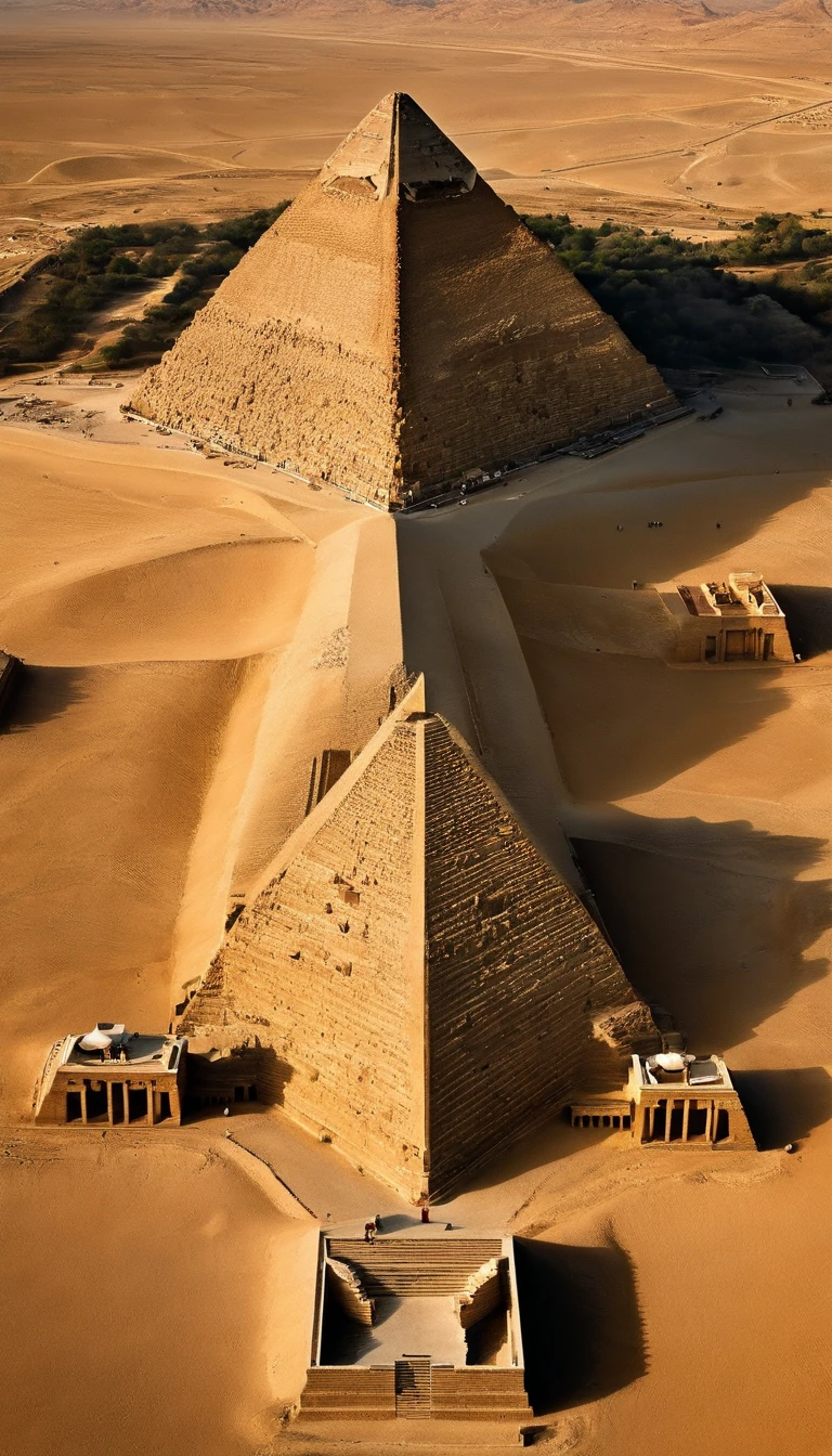 A close-up view of a specific section of the Great Pyramid, revealing the intricate construction techniques and textures of the limestone stones that make up the structure.

An aerial photo of the Pyramids of Giza, capturing the immensity of the complex and its position in relation to the desert and surrounding landscape.