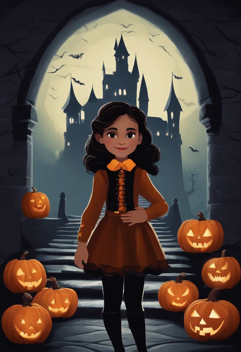 There's a -yeld gistanding in a spooky castle, Personagem Vandinha da Disney  imagem de corpo inteiro, corpo inteiro menina bonito, roupa preta, cute face with arms and legs, Em um estilo de Halloween, personagem Vandinha na Disney pixels corpo inteiro com traje, corpo inteiro!!, foto da roupa, vestindo roupas preta e branca. Halloween
