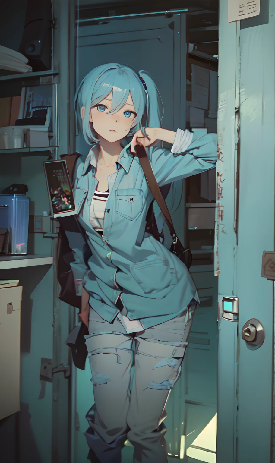 monochromes、grayscales、Onepiece、dishevled hair、slovenly、Cross-eyed、Drunk、Turned、( Silly / Sexual ecstasy)、Turned、eye glass、top-quality, Photorealistic, An ultra-fine illustrations, beautiful attractive anime girl, miku hatsune, Slender body, Tied hair, one girls, a photo of girl, Full body shot, Beautiful blue eyes, Turned,