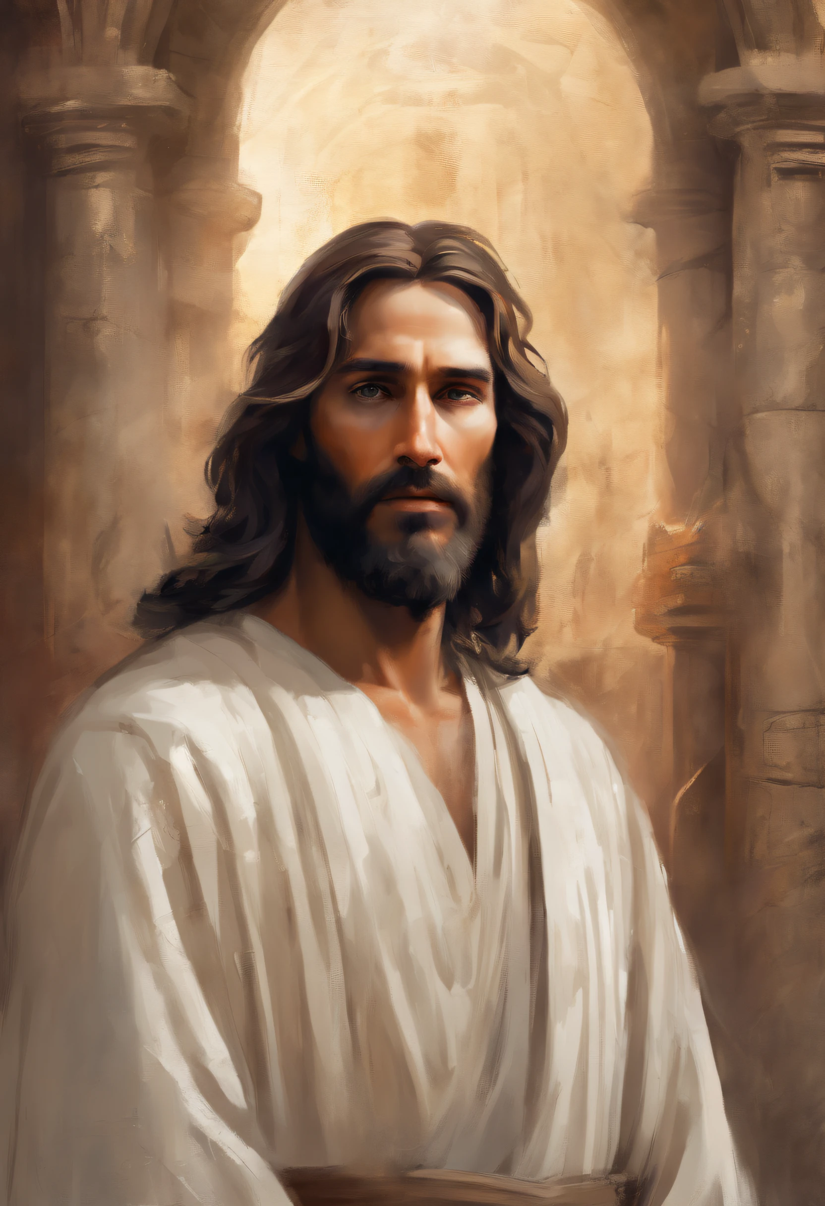 A beautiful ultra-thin realistic portrait of Jesus, the prophet, a man 42 years old Hebrew brunette, short brown hair, long brown beard, in a temple, wearing long linen tunic closed on the chest part, in front view, full body, biblical, realistic,by Diego Velázquez,Peter Paul Rubens,Rembrandt,Alex Ross,8k,Concept Art, PhotoRealistic, Realistic, Illustration, Oil Painting, Surrealism, HyperRealistic, brush brushes, Digital art, style, watercolor