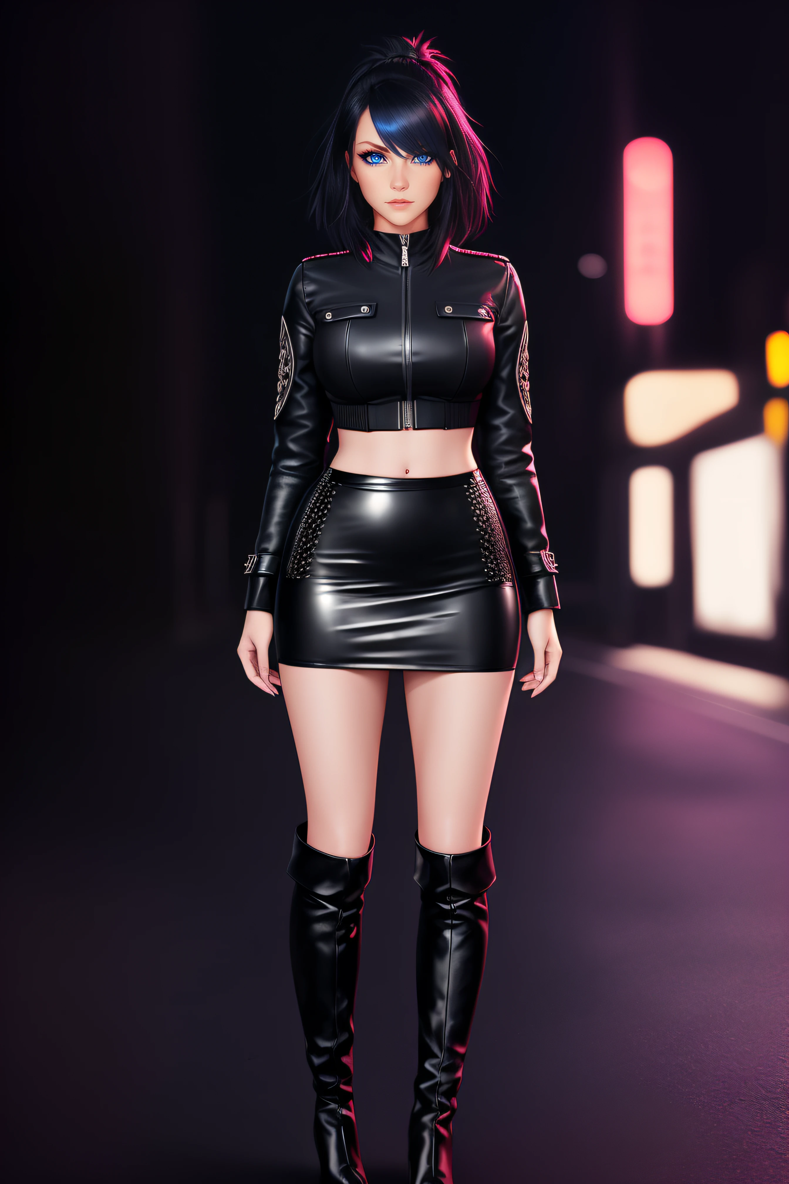 beautiful girl, ((standing:1.4)), (confident gaze:1.1), full body, short bright neon streaked black hair, ((realistic highly detailed eyes:1.4)), ((seductive pose:1.2)), black eyeshadow, (street style wear:1.2), ((tight fitted skirt)), ((knee high leather boots)), (dark city night black background:1.4), dark makeup, digital art, trending on artstation, highly detailed, fine detail, intricate, detailed facial features, sharp focus, smooth, aesthetic,