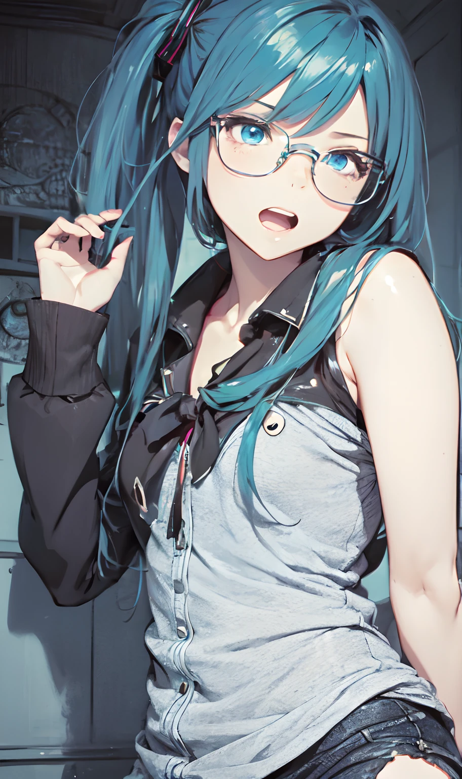 monochromes、grayscales、Onepiece、dishevled hair、slovenly、Cross-eyed、Drunk、Turned、( Silly / Sexual ecstasy)、Turned、eye glass、top-quality, Photorealistic, An ultra-fine illustrations, beautiful attractive anime girl, miku hatsune, Slender body, Tied hair, one girls, a photo of girl, Full body shot, Beautiful blue eyes, Turned,