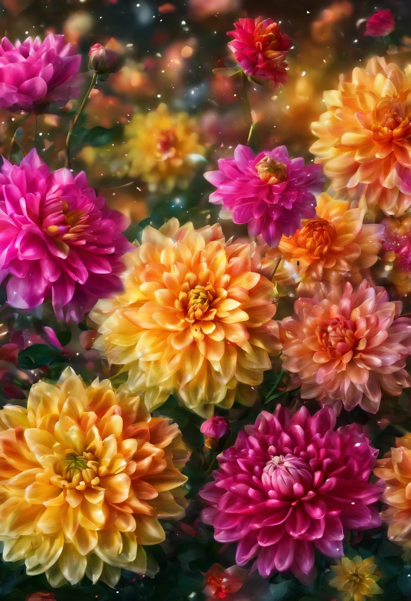 Digital art detailed for the best masterpieces, Highest Quality, with sparkling delicate yellow and pink dahlia flowers with elegant leaves,、Flowers against the background of colorful diamonds, Graceful stems, And delicate, And elegant, flowey, Glittering petals, flowercore, surrounded flower, Radiant magic representing flowers, Beautiful animations, 16k race bright flowers, Beautiful Art U Hard Disk 4k, Detailed Painting in 4K, Beautiful flowers and crystals, Luminous flowers, huge flower, light bloom, full bloom, Glowing flowers with bloom ether effect, Magic colorful flowers with flower pieces in the middle of the garden, floral environment, Beautiful Art U Hard Disk 4k, magical flowers, Flower explosion, Beautiful digital painting detailed in emergency digital photography, Detailed Painting in 4K, background artwork, Flower explosion, Floral flower color, highly-detailed digital painting, Appeared in 4K, Best Quality, hight resolution, 1080p, hard disk, 4K, 8K
