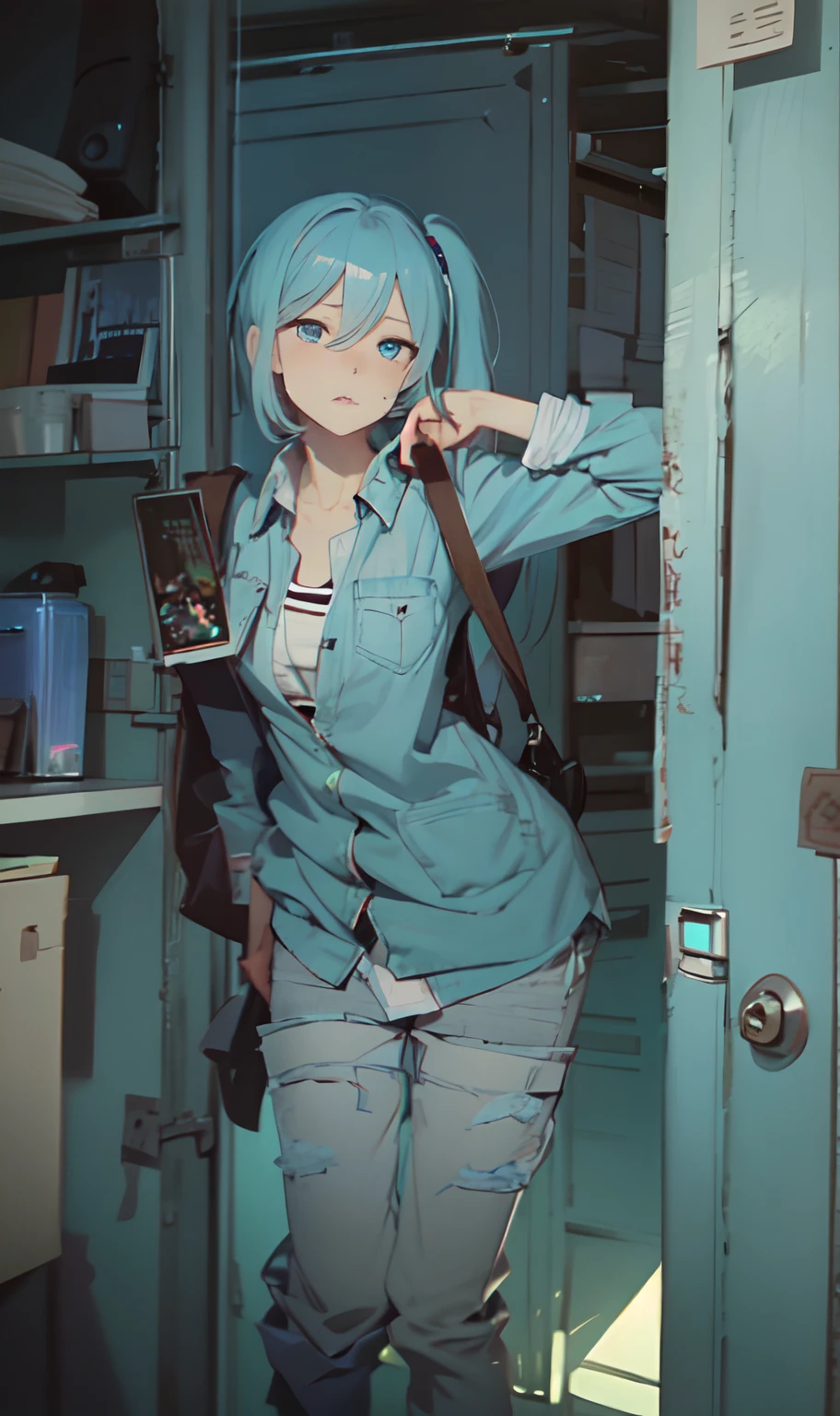 monochromes、grayscales、Onepiece、dishevled hair、slovenly、Cross-eyed、Drunk、Turned、( Silly / Sexual ecstasy)、Turned、eye glass、top-quality, Photorealistic, An ultra-fine illustrations, beautiful attractive anime girl, miku hatsune, Slender body, Tied hair, one girls, a photo of girl, Full body shot, Beautiful blue eyes, Turned,