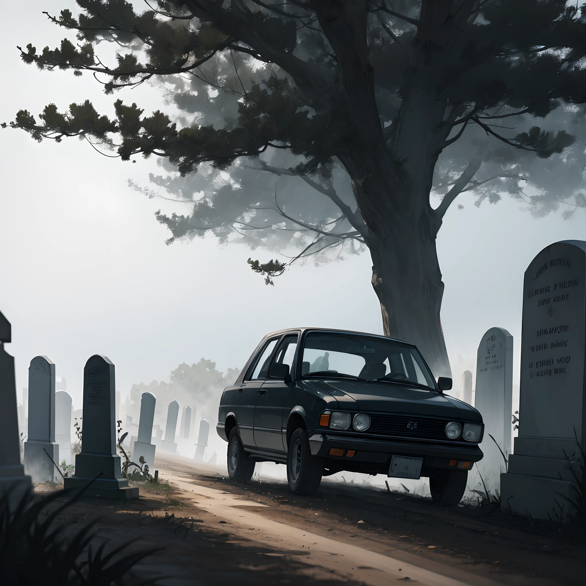 faded memory driving down a dirt road with fog around it and a cemetery to the left side. a faded guy chasing the car