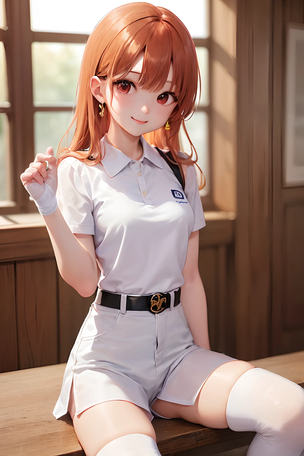 (​masterpiece、top-quality:1.2)、Cowboy Shots、独奏、女の子 1 人、Alena \(DQ4\)、A smile、looking at viewert、((White polo shirt))、((bandage all over the body))、((Blurred eyes))、 ((thigh-high socks))、
