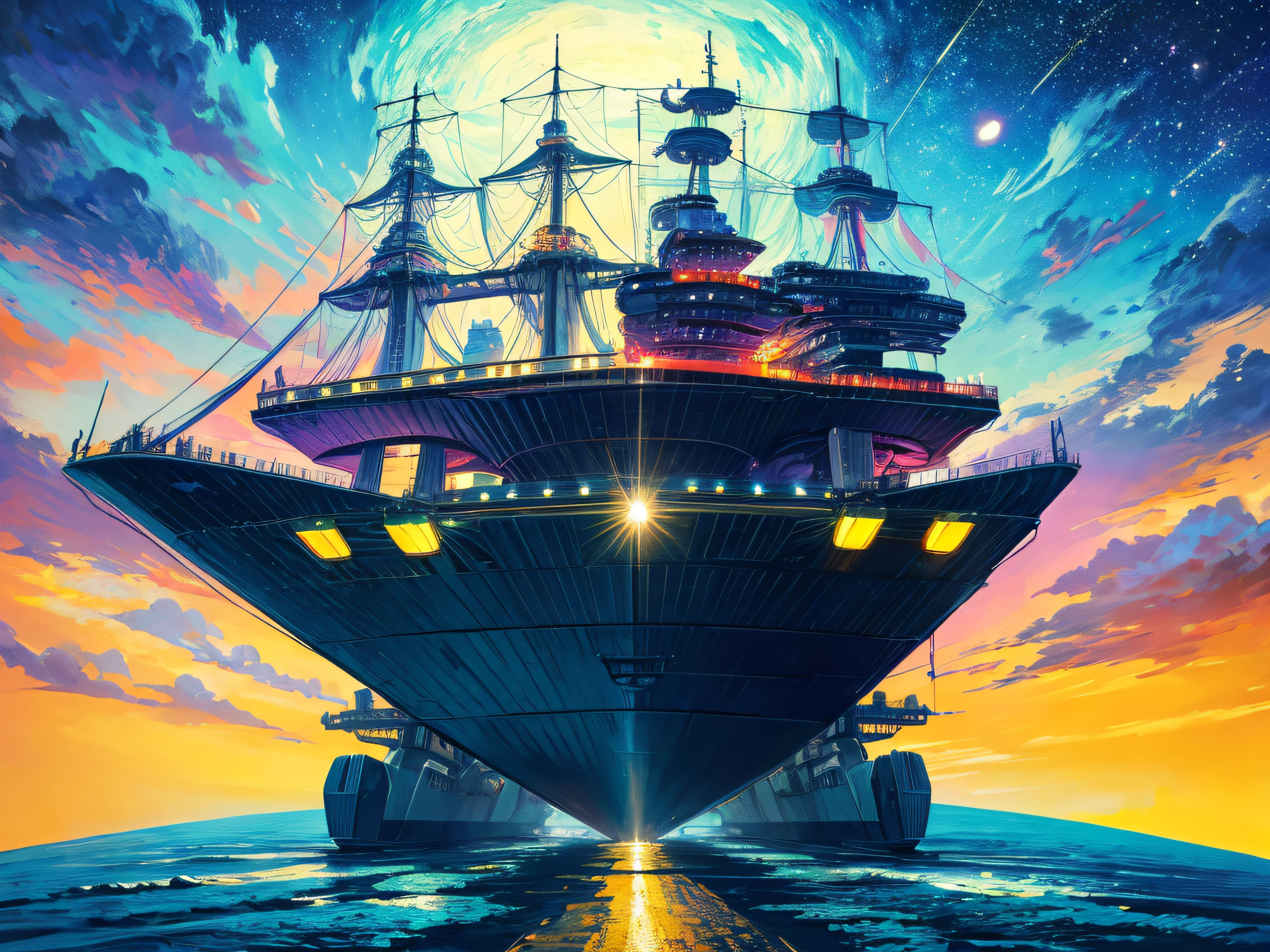futuristic super carrier, technicolor road and sky, in the style of Vincent van Gogh and Salvador Dalí
