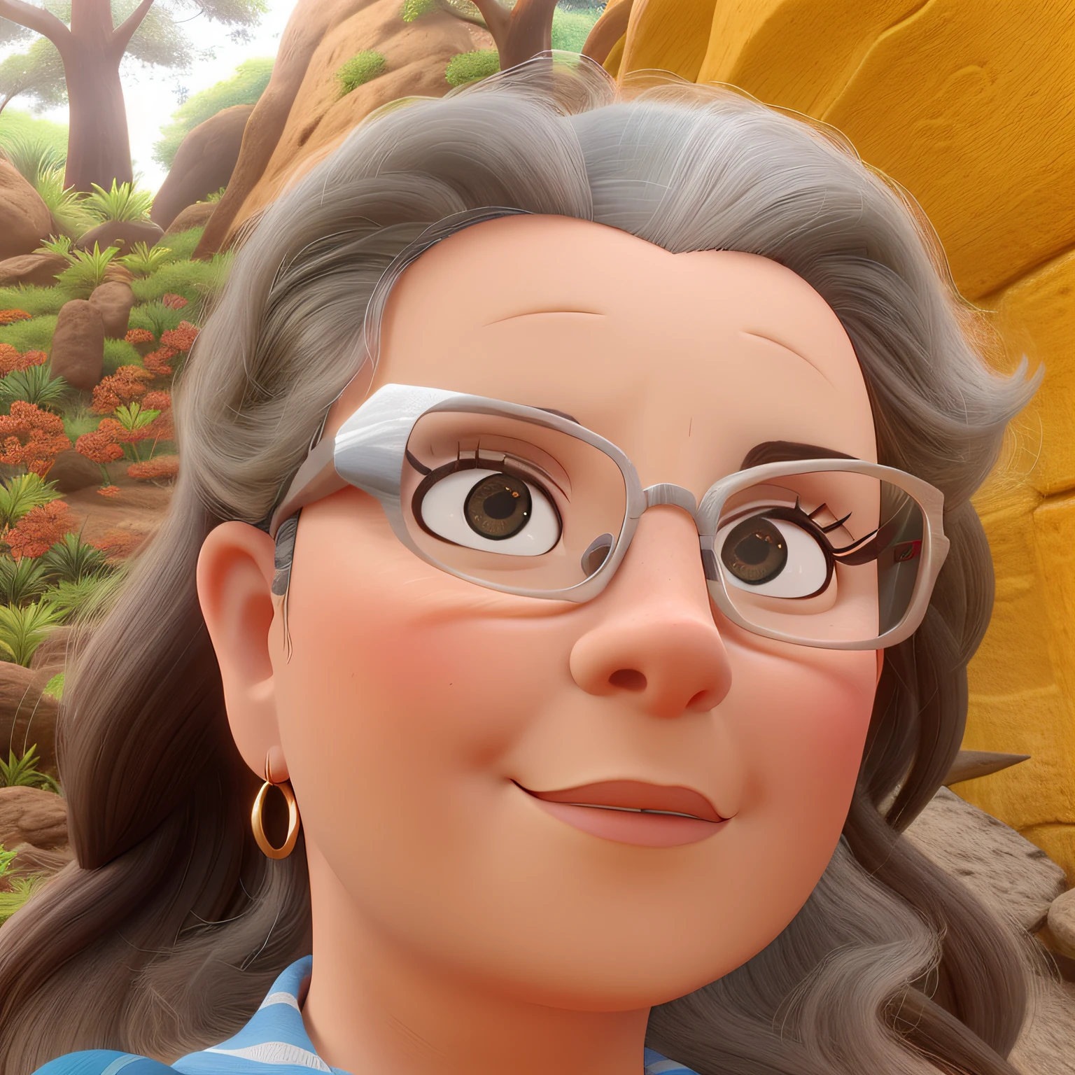 uma senhora sabia, usando oculos, pele oliva, fundo de arvores estilo pixar, alta qualidade, melhor qualidade