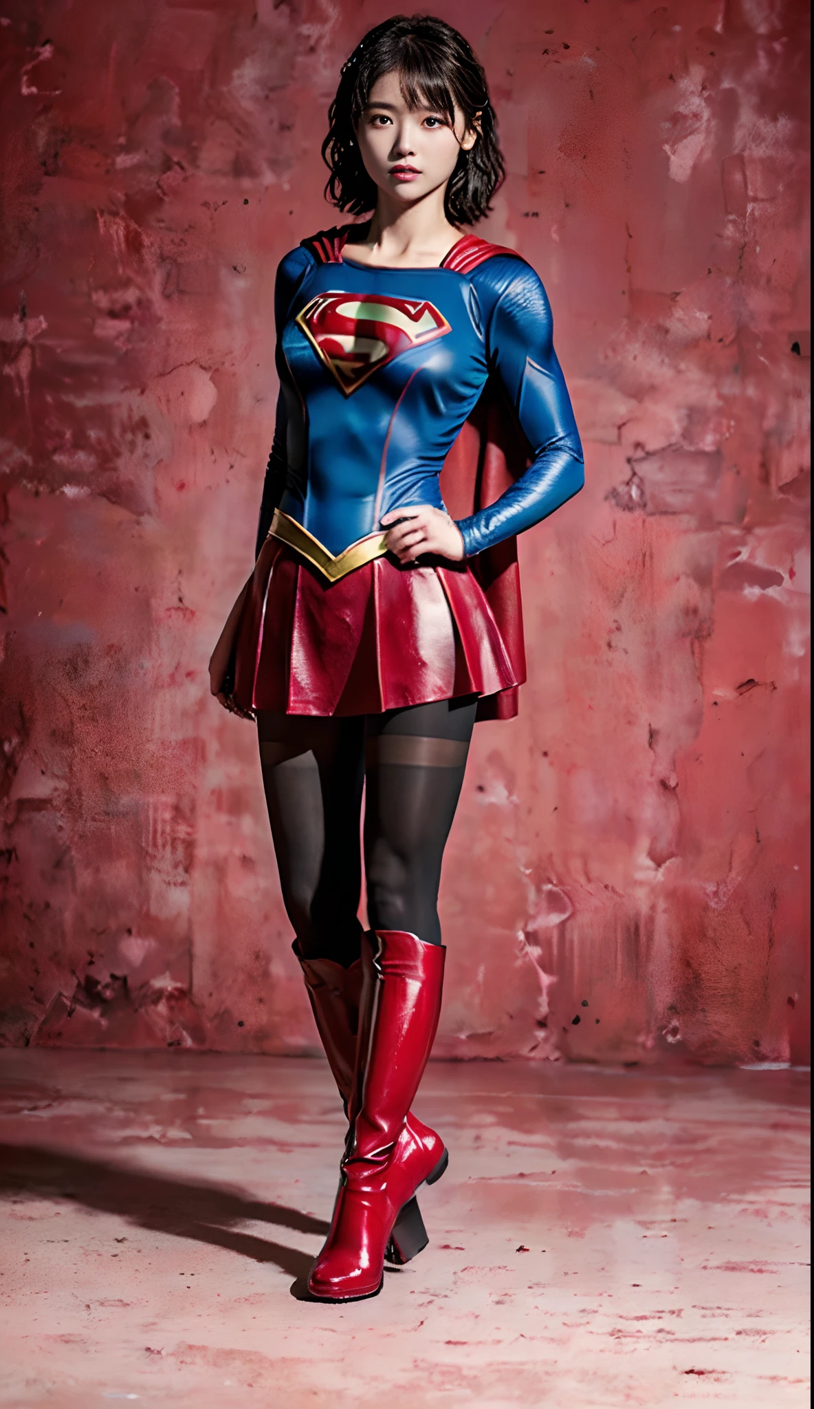 Beautiful girl fighting、japanes、Cute Beautiful Girl、(((Wear black tights on your beautiful legs.)))、(((beauty legs)))、(((Open thighs)))、((((Make the most of the original image)))、(((Supergirl Costume)))、(((Beautiful hair in a short cut)))、(((Injured)))、(((Feet must necessarily be worn with black tights)))、(((You need to wear red boots)))、((Top image quality、8K))、((top-quality、8K、​masterpiece:1.3))、(((Keep your background simple)))、Crisp focus:1.2、Beautiful woman with perfect body shape:1.4、Slender Abs:1.2、a wet body:1.5、Highly detailed facial and skin texture、8K、Keep your background simple