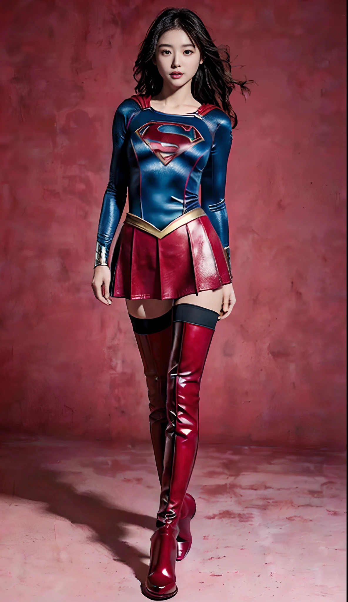 Beautiful girl fighting、japanes、Cute Beautiful Girl、(((Wear black tights on your beautiful legs.)))、(((beauty legs)))、(((Open thighs)))、((((Make the most of the original image)))、(((Supergirl Costume)))、(((Beautiful hair in a short cut)))、(((Injured)))、(((Feet must necessarily be worn with black tights)))、(((You need to wear red boots)))、((Top image quality、8K))、((top-quality、8K、​masterpiece:1.3))、(((Keep your background simple)))、Crisp focus:1.2、Beautiful woman with perfect body shape:1.4、Slender Abs:1.2、a wet body:1.5、Highly detailed facial and skin texture、8K、Keep your background simple