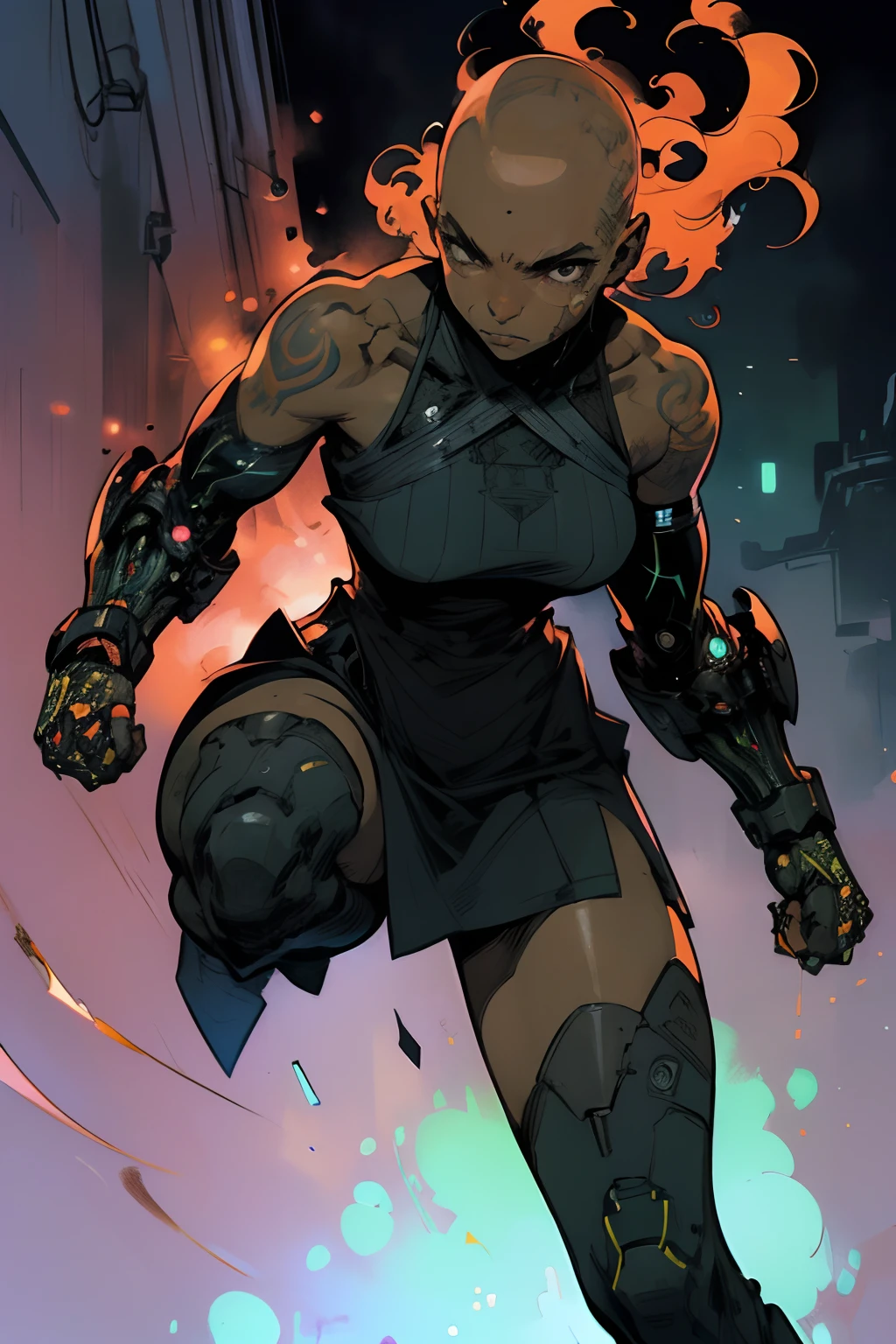 bald dark-skinned woman in a dress with mechanical arms, excellent lighting, sidelighting, (), vhsKeeper,, style GUILTY GEAR -STRIVE perfect(flat color: 1.3), (multicolored_background: 1.3), striped_background, card_background, :: comix style by joe madureira :: , perfect and detailed, ultra detailed shirt with abstract design, image of full body girls fighting , with mechanical arms, with immersive effects, hover effect, "ultra HDR" detailed and with focus effect, (masterpiece: 1.2, best quality), (beautiful eyes finely detailed: 1.2), , ((Solo)), (Finely detailed eyes and detailed face :1.3), in various full-body attack poses, (cute background: 1.2),futuristic costume, fantastic paintings, accurate anatomy, (color ink sketch by John Streets, Andrew Kohn)