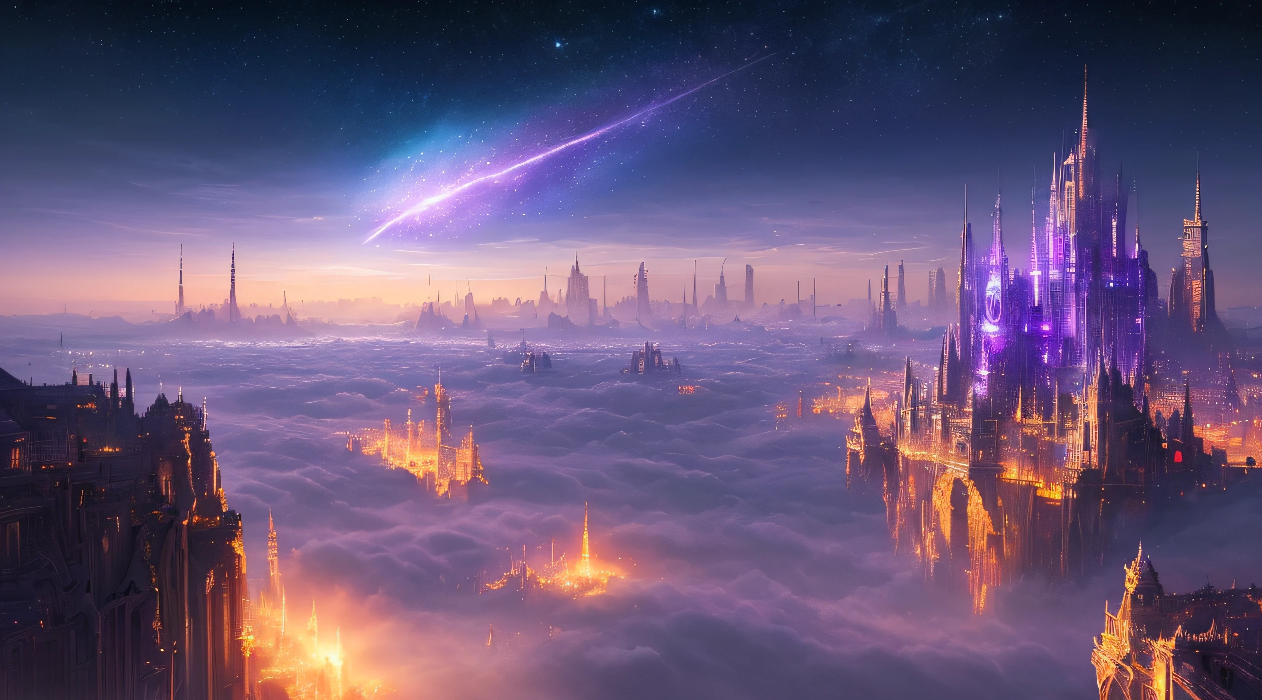 ((master piece)),best quality, (8k, best quality, masterpiece:1.2), ultra-detailed, illustration, Grand scene, big city, fantasy, ethereal city, Floating city, many planets in the skies, clouds around, celestial architecture, purple energy is erupting from the terrain