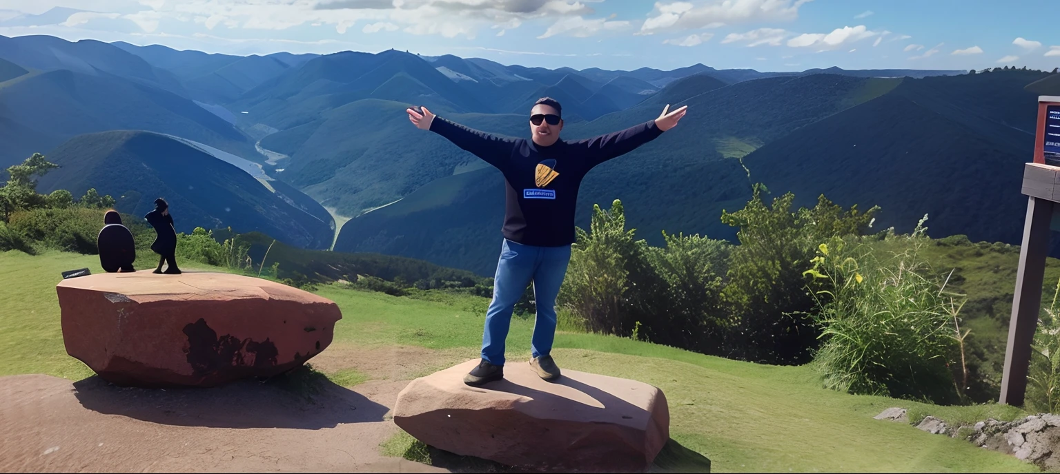 There's a man standing on a rock with his arms outstretched, com montanhas ao fundo, Standing on top of a mountain, em frente a uma montanha, Standing on a hill, standing on mountain, belos arredores, david rios ferreira, com montanhas no fundo, Colinas ao fundo, no topo de uma colina, divertindo-se