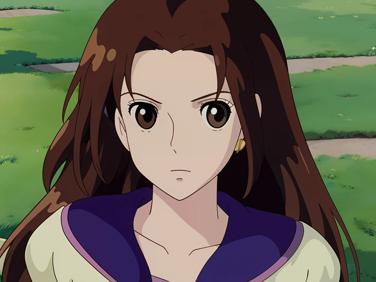 One girl, long brown hair, brown eyes, ghibli art style
