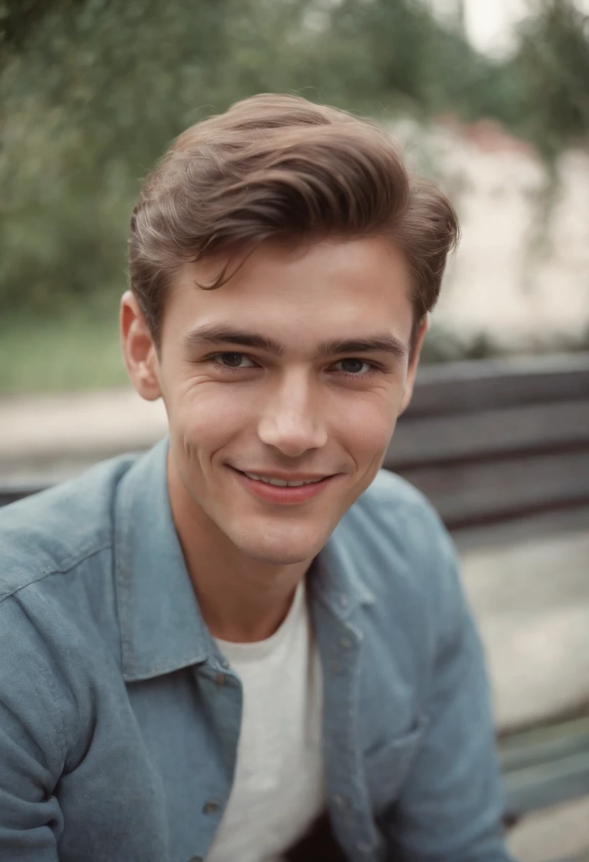 A vintage grainy low quality realistic photograph in the 60s, a handsome young man smiling, sitting on a bench, 60s quality,1960s grainy quality, poor quality, worst quality