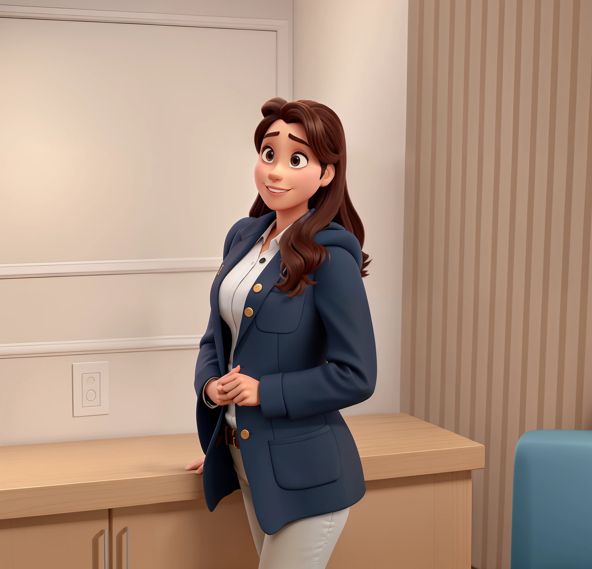 Uma mulher, usando blazer preto, no estilo disney-pixar, alta qualidade