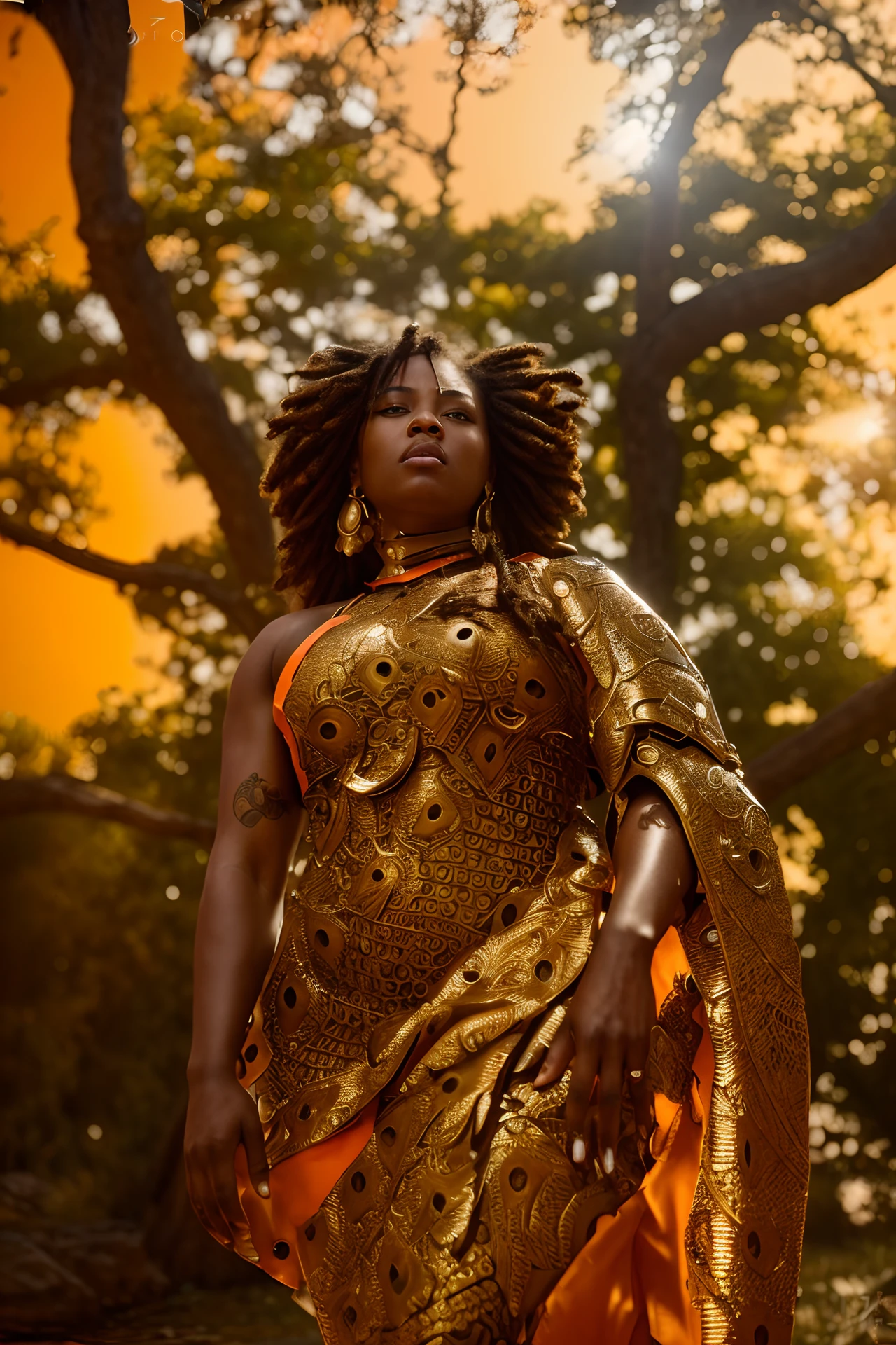 (((photograph))), (((hyperrealism))), award-winning photo, thick body, a black goddess wearing a orange warrior armor, armor, dreadlocks long hair elegant beautiful, (masterpiece) (best quality) (detailed) (8k) (HDR) (wallpaper) (cinematic lighting) (sharp focus) (intricate), action shot, warriors fighting in background, orange armor,