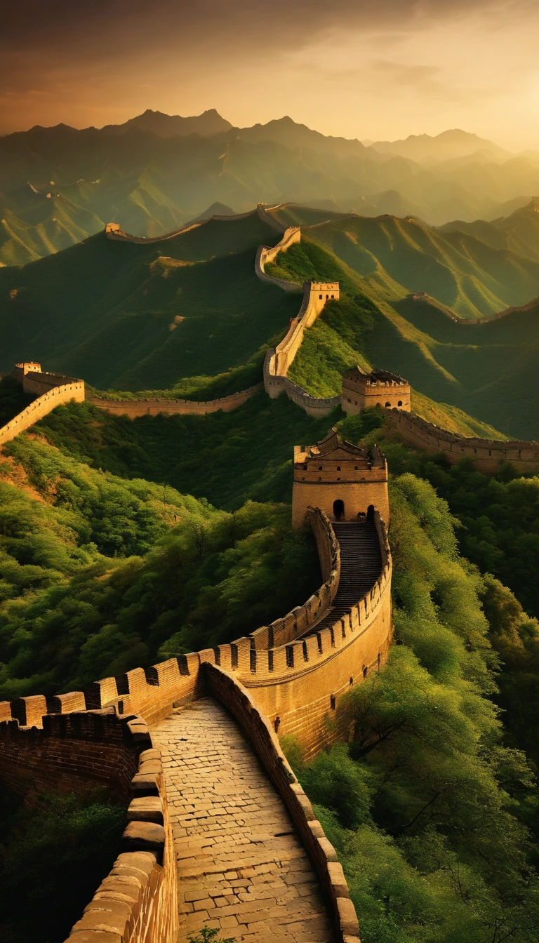 A panoramic photograph of the Great Wall winding through the mountains, highlighting its grandeur and grandeur in the natural setting.