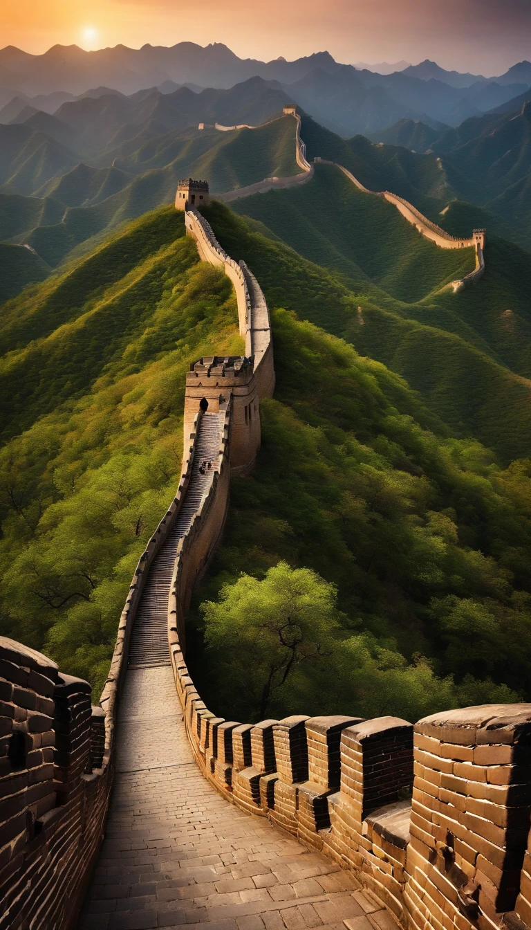 A panoramic photograph of the Great Wall winding through the mountains, highlighting its grandeur and grandeur in the natural setting.