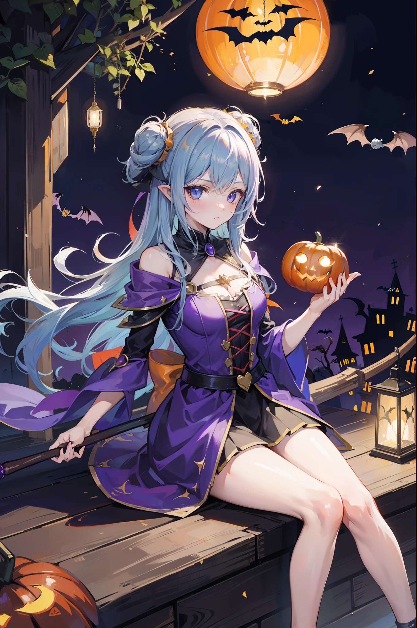 one-girl,(sorceress woman),Sit on a broomstick,Fly in the air,magia,(halloween),borgar,Carrying a lantern,the bats,