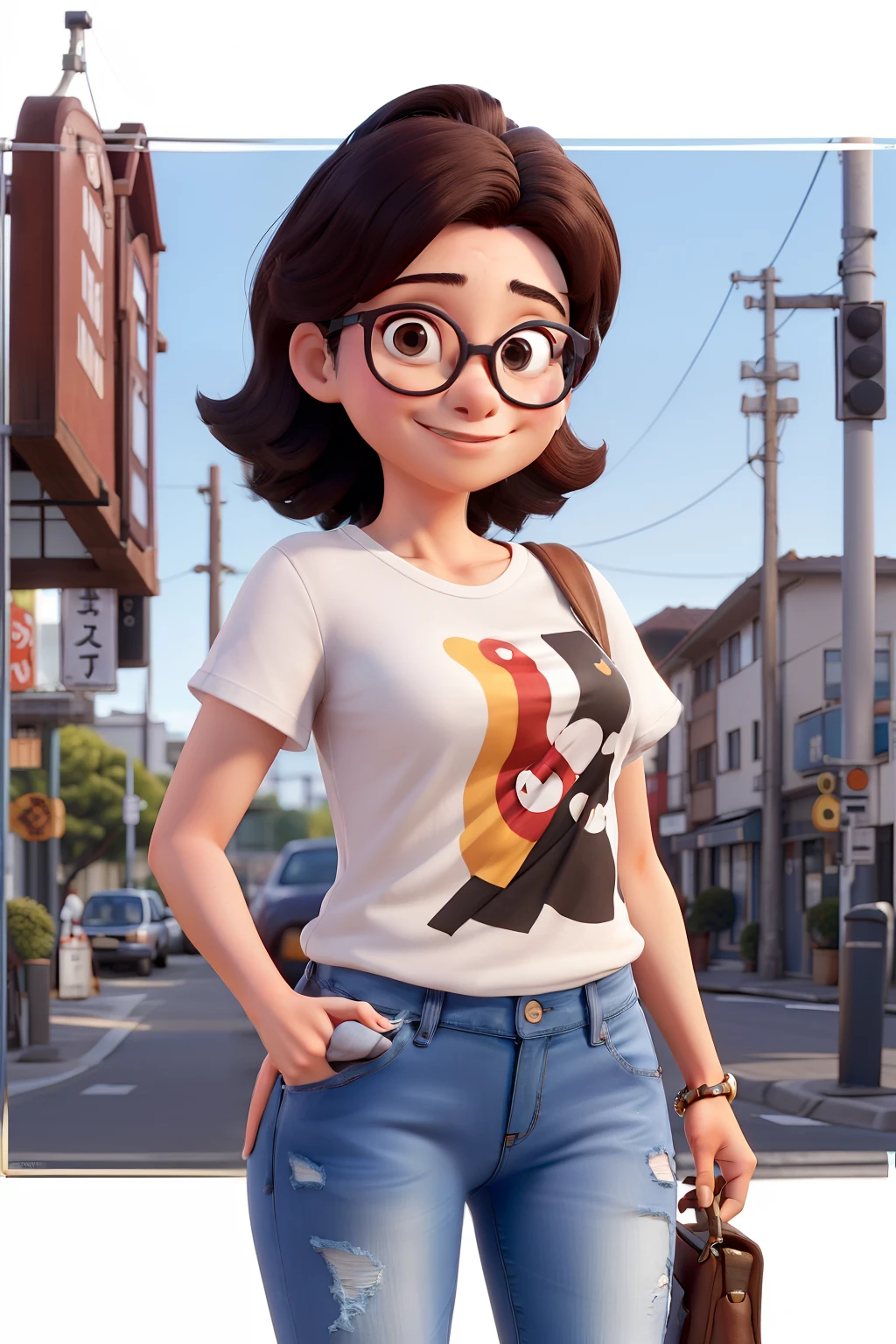 Movie style poster with name Luciane ,  com uma mulher japonesa, cabelos longos escuros, Not very smooth, big eyeglasses , um pouco cordinha , camiseta preta com desenho de coelho preto , Jeans and white sneakers , ambiente urbano , dia ensolarado ,