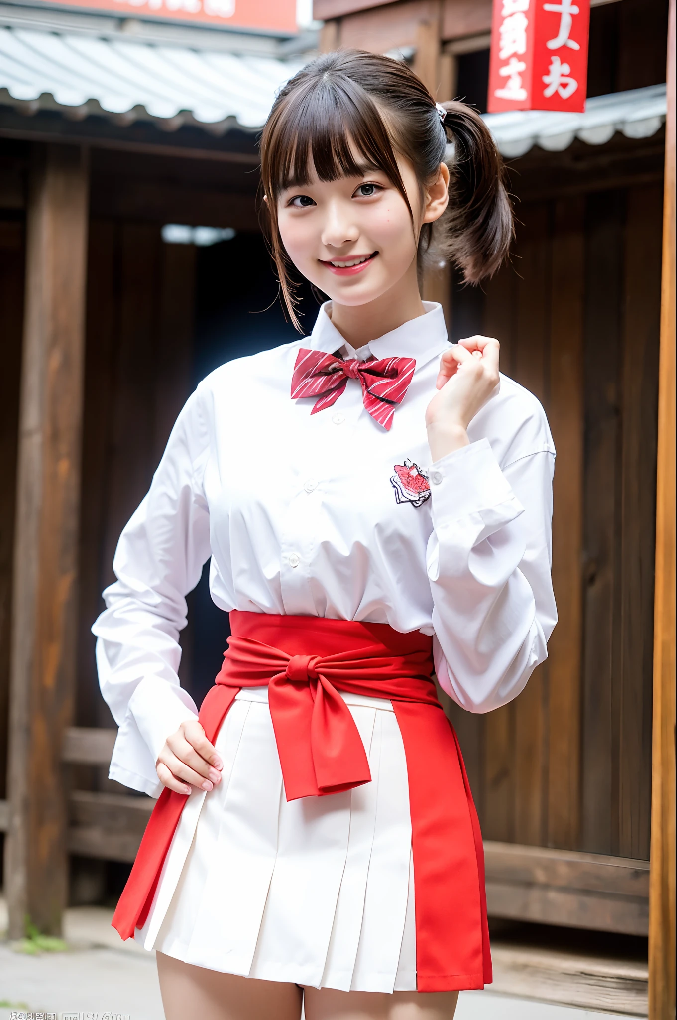 girl standing in old-Japan town,white shirt with string-bow,red pleated skirt,red small flower brooch on hair,18-year-old,bangs,a little smiles,thighs,crotch,knees,short cut hair,low ponytail,from below