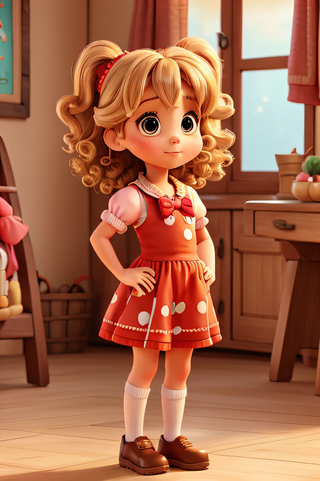 Short  4 Yearsn Eyes Blonde Curly Hair On The Ends Dressed As Minnie On Disney Set