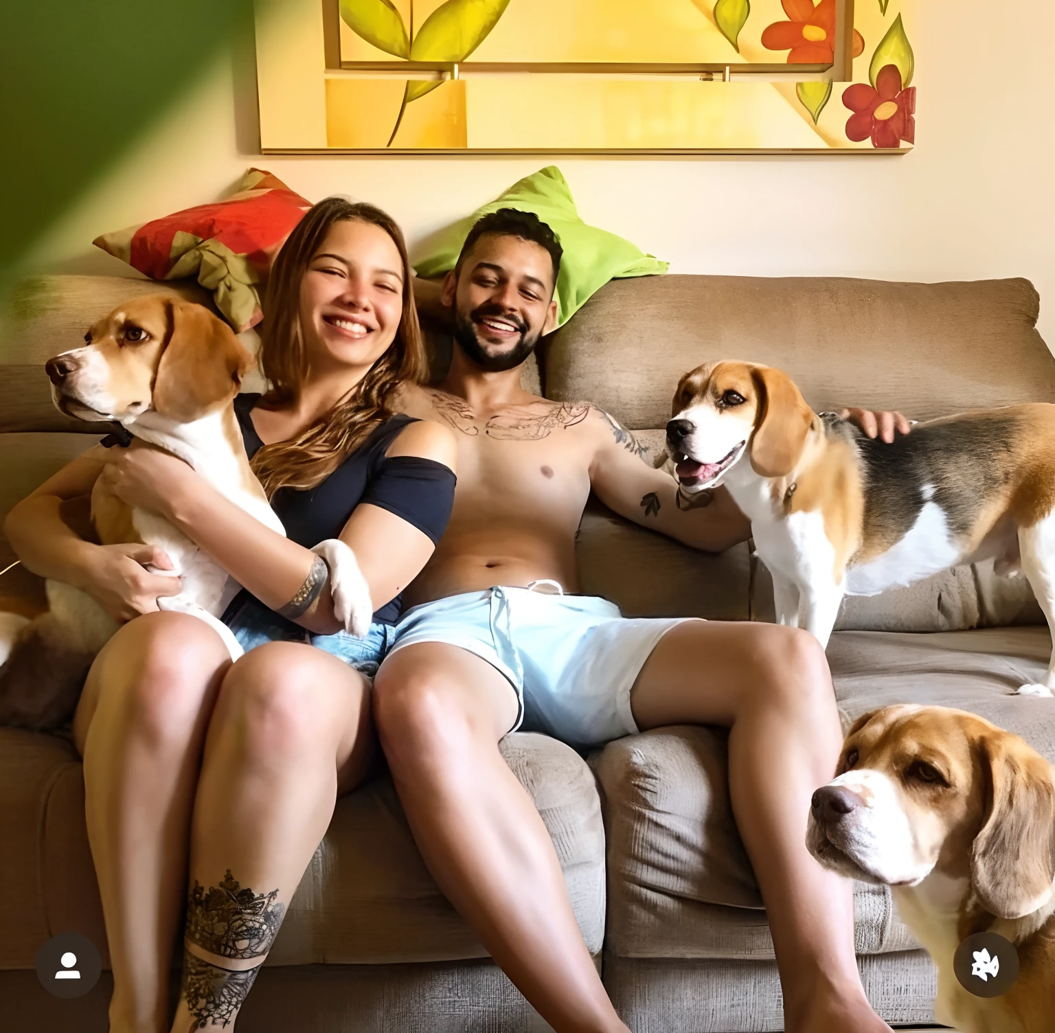 there are two people sitting on a couch with their dogs, with dogs, by Nándor Katona, profile image, malika favre, by Felipe Seade, by Amelia Peláez, by Silvia Pelissero, by Félix Arauz, by Romain brook, profile picture, by Samuel Silva, by Emma Andijewska