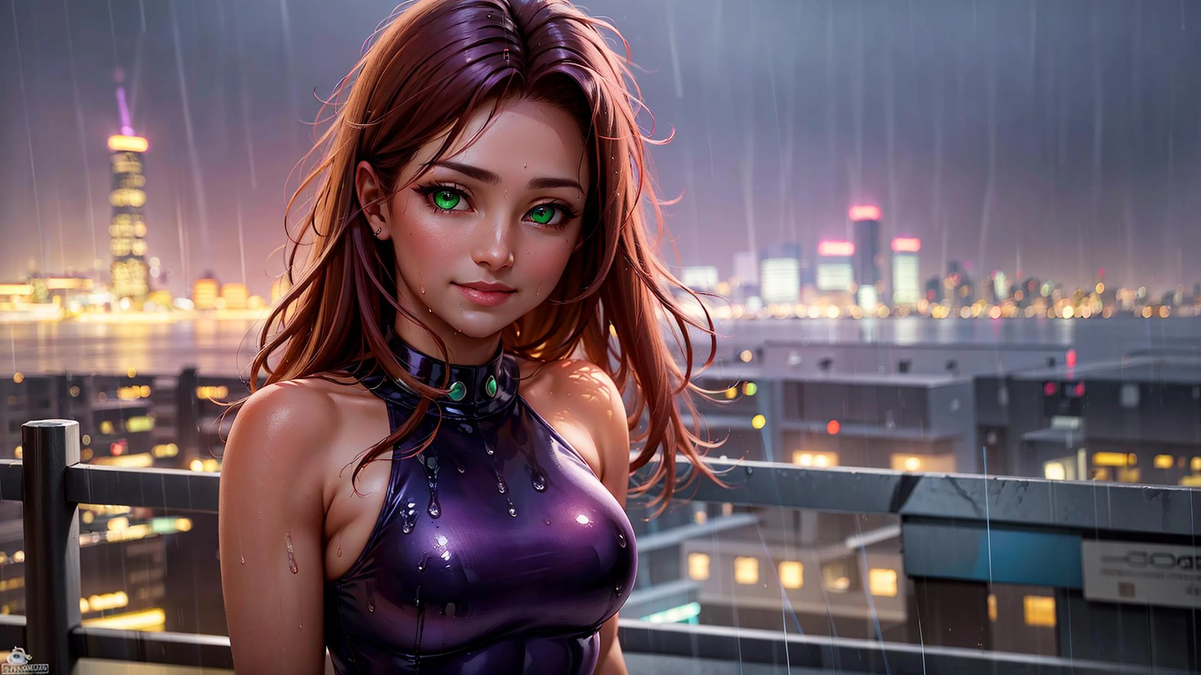 masterpiece, highres, photorealistic, best quality, 8k, best quality, ultra-detailed, perfect lighting, cinematic lighting, 1girl, starfire, glowing green eyes,  portrait, (night:1.1),  storm, (rain:1.3), clouds, thunderstorm, lighting, looking at viewer, smile,  upper body, skyscrapper,  (city:0.9), (purple  clothes:1.3), lightning, dark red hair,  wet, sweat, water,  wet hair, rooftop, wet clothes, upper body,  wet hair,  fog,  bare shoulders,  jewel, green, ocean, water, waves, small breasts, gloves, horizon,