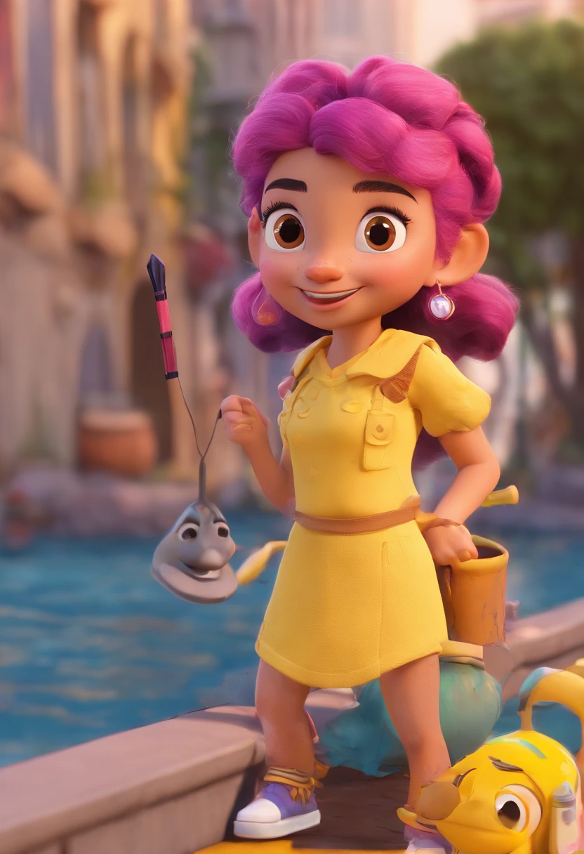 A Disney Pixar - Inspired movie post with title "Kya Nascimento". The scene should be in the distinct digital art style of Disney, with a focus on character expressions, and detailed textures that are characteristic of their animations. She's a 30 years old woman, brazilian. she has a pink hair, brown eyes, freakles, wearing a yellow headband, round gold glasses with thin frames, black pants, yellow t-shirt, yellow all stars. she is holding a paint brush