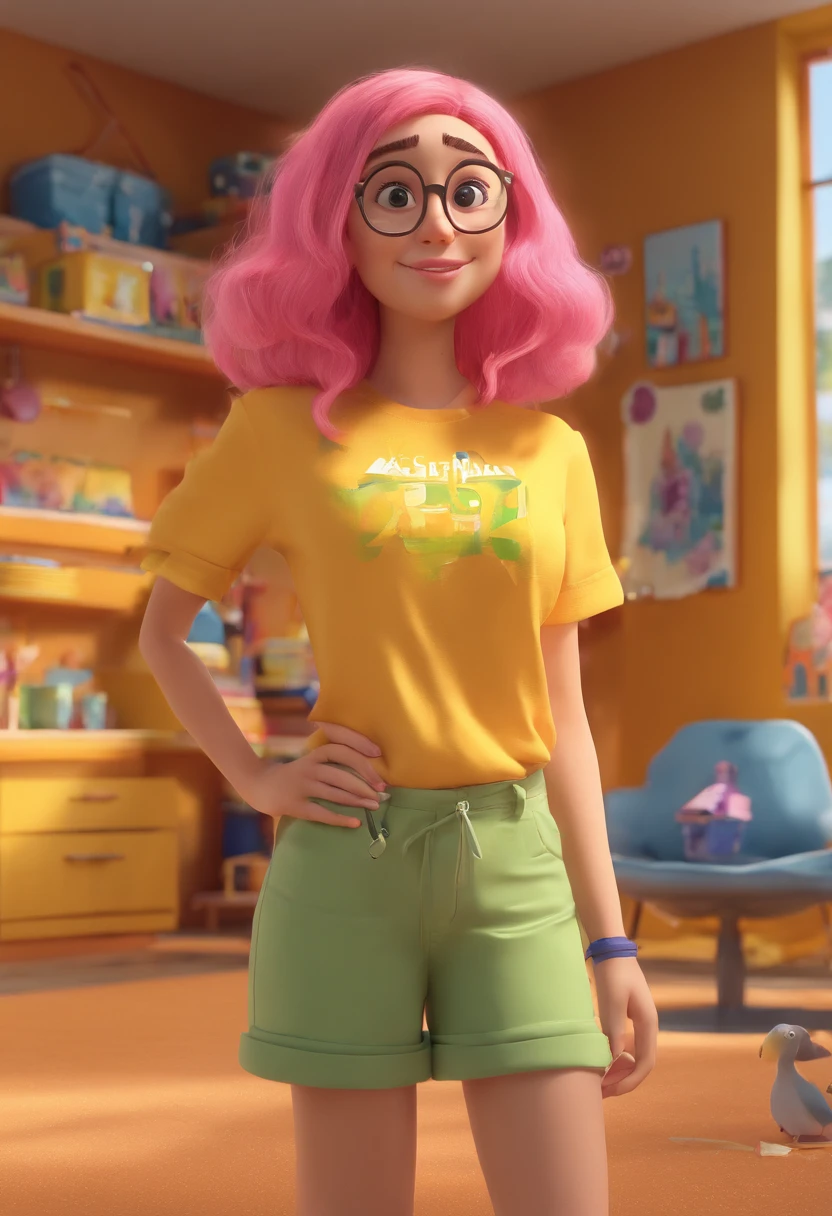 A Disney Pixar - Inspired movie post with title "Kya Nascimento". The scene should be in the distinct digital art style of Disney, with a focus on character expressions, and detailed textures that are characteristic of their animations. She's a 30 years old woman, brazilian. she has a pink hair, brown eyes, freakles, wearing a yellow headband, round gold glasses with thin frames, black pants, yellow t-shirt, yellow all stars. she is holding a paint brush