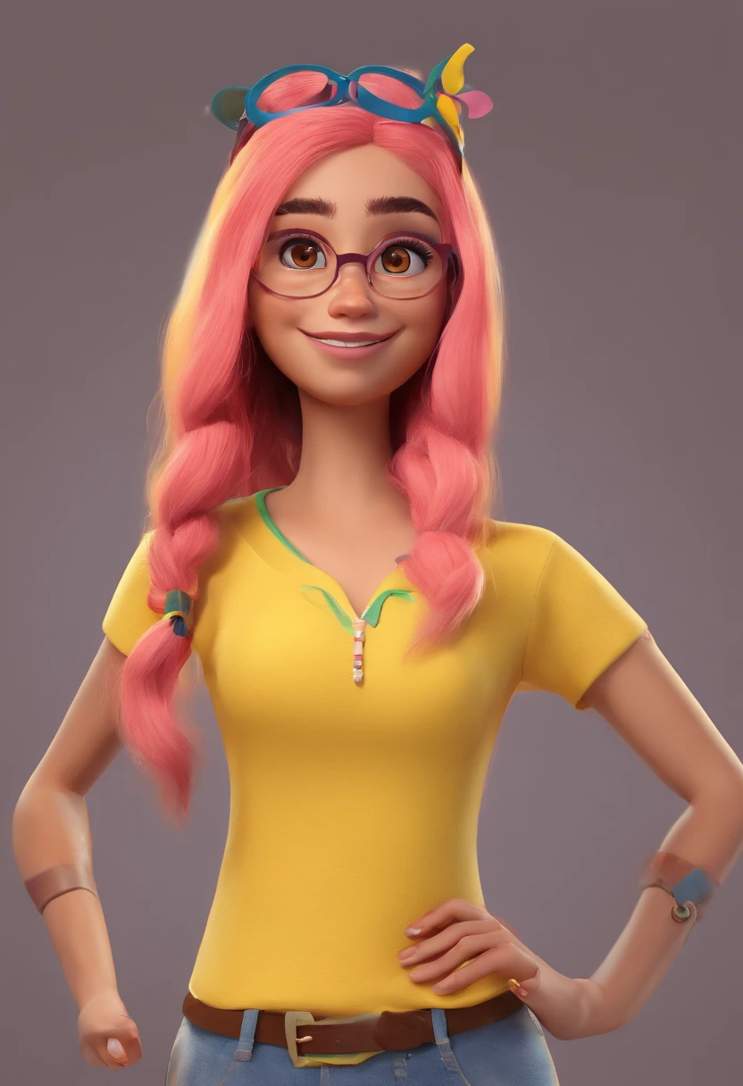 A Disney Pixar - Inspired movie post with title "Kya Nascimento". The scene should be in the distinct digital art style of Disney, with a focus on character expressions, and detailed textures that are characteristic of their animations. She's a 30 years old woman, brazilian. she has a pink hair, brown eyes, freakles, wearing a yellow headband, round gold glasses with thin frames, black pants, yellow t-shirt, yellow all stars. she is holding a paint brush