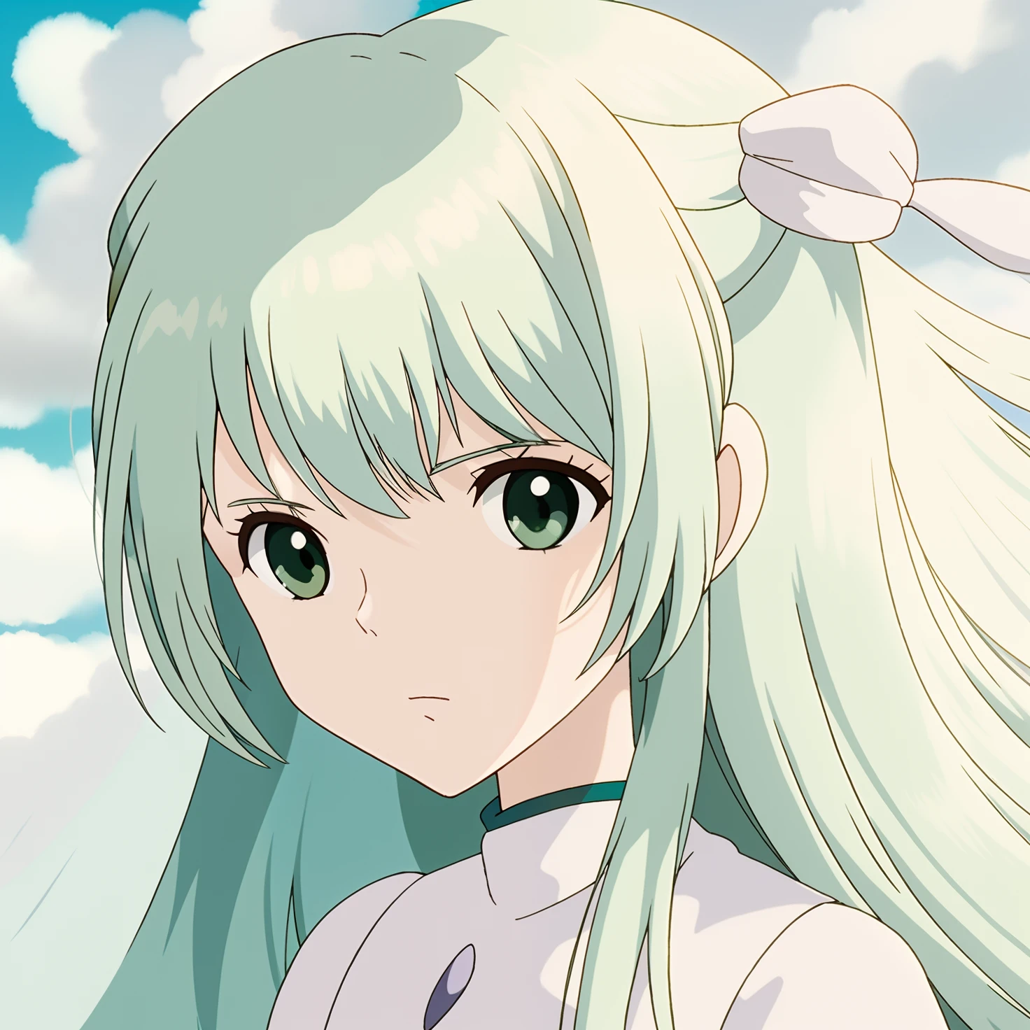 One girl, long green hair, green eyes, ghibli art style