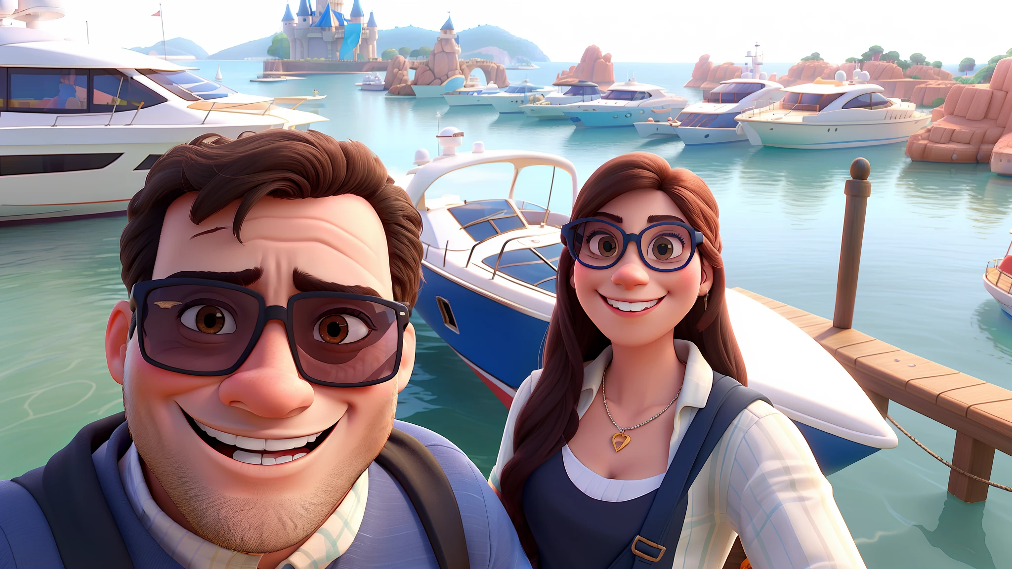 A happy couple in sunglasses taking photo with various yachts in disney pixar style background, alta qualidade, melhor qualidade