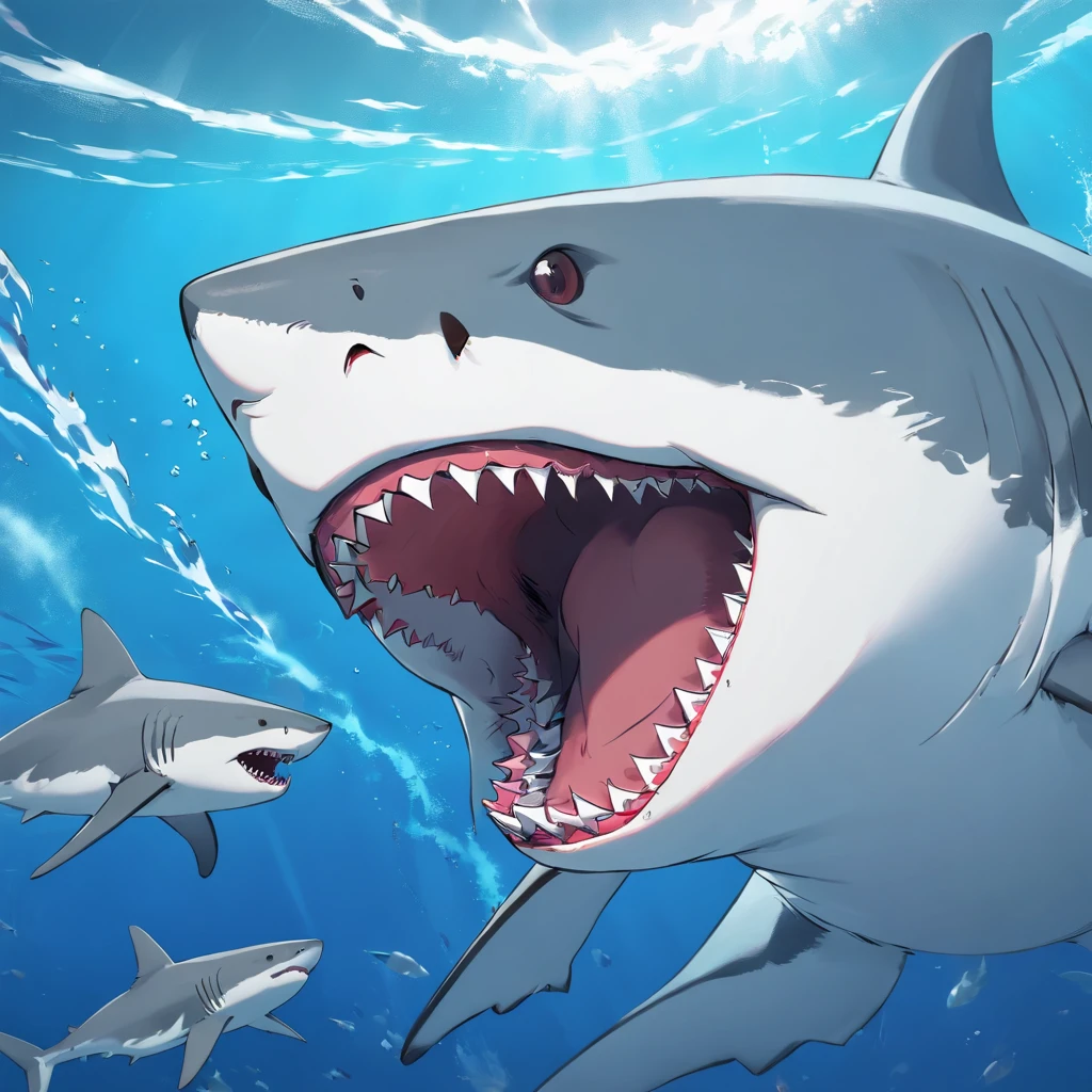 great white shark，comic strip，Open mouth，sharpteeth，Rinse out of water