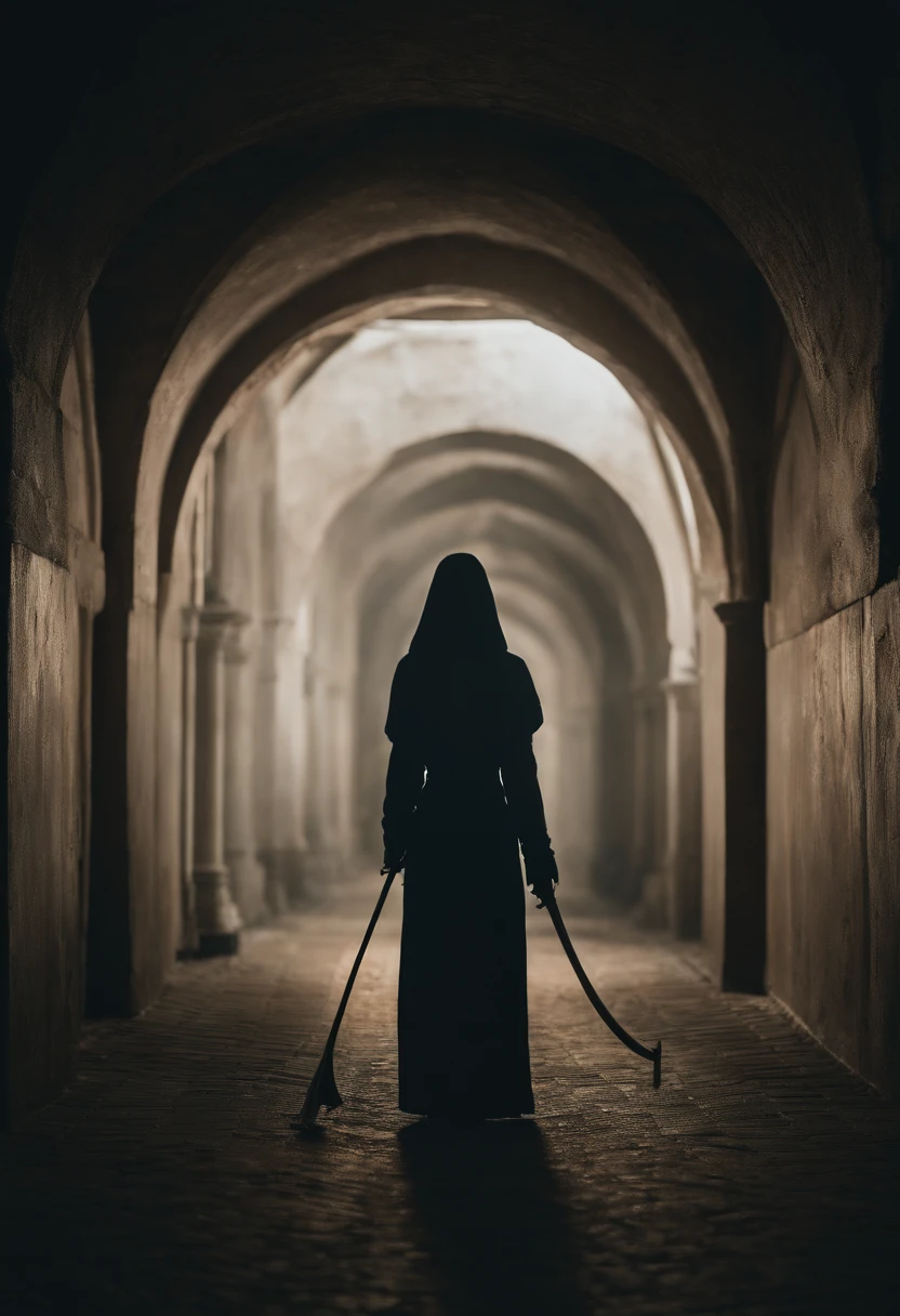 Beautiful woman 45 years old(death),In the case of a hooded shroud,Cyan eyes,Wide chest,full length,Standing in a dark tunnel,In one hand is a scythe,The other hand is outstretched forward, inviting you to follow her,Picture Quality Figure 8K, photo,tmasterpiece, crisp detailing.