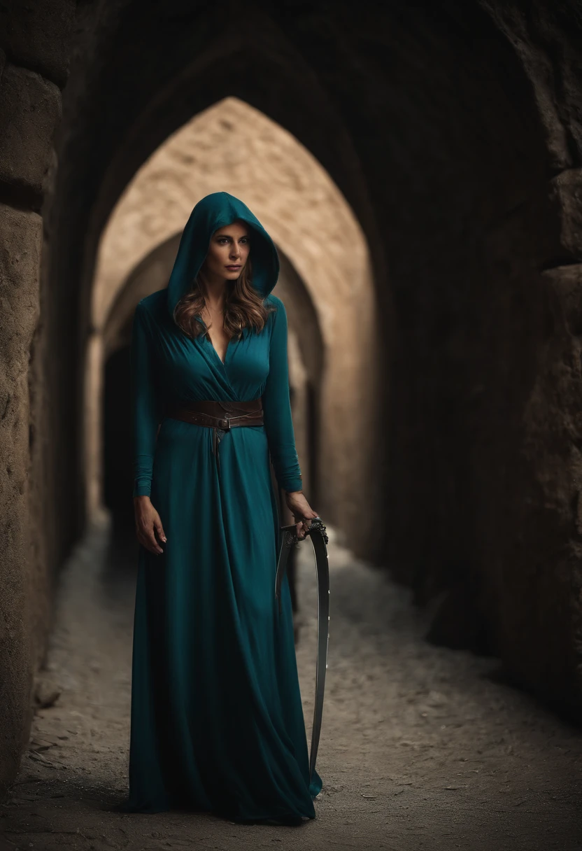 Beautiful woman 45 years old(death),In the case of a hooded shroud,Cyan eyes,Wide chest,full length,Standing in a dark tunnel,In one hand is a scythe,The other hand is outstretched forward, inviting you to follow her,Picture Quality Figure 8K, photo,tmasterpiece, crisp detailing.