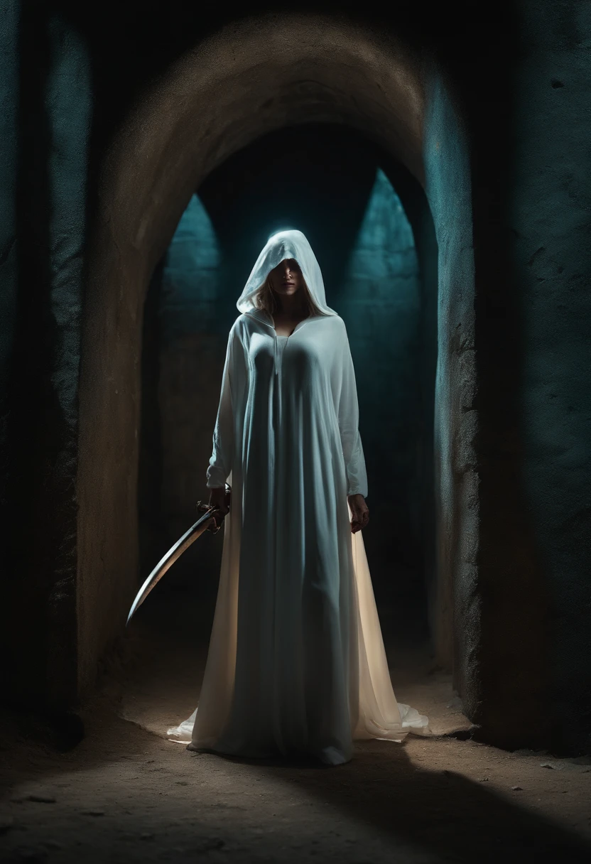 Beautiful woman 45 years old(death),In the case of a hooded shroud,Cyan eyes,Wide chest,full length,Standing in a dark tunnel,In one hand is a scythe,The other hand is outstretched forward, inviting you to follow her,Picture Quality Figure 8K, photo,tmasterpiece, crisp detailing.