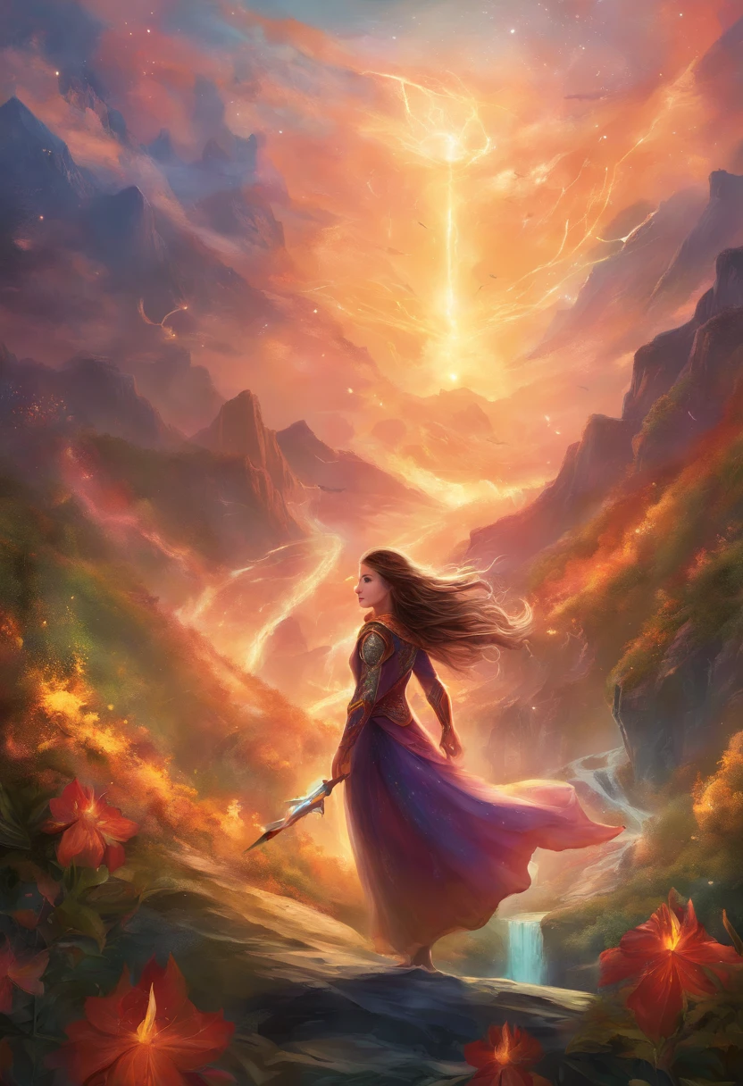 Create a captivating image of Lily, a young and fearless leader with an affinity for fire magic. She's known for her courage, passion, and unwavering determination. The image should capture her adventurous spirit and her role as a guardian in a magical world. Make sure it's suitable for children aged 8 to 12 and conveys a sense of wonder and excitement