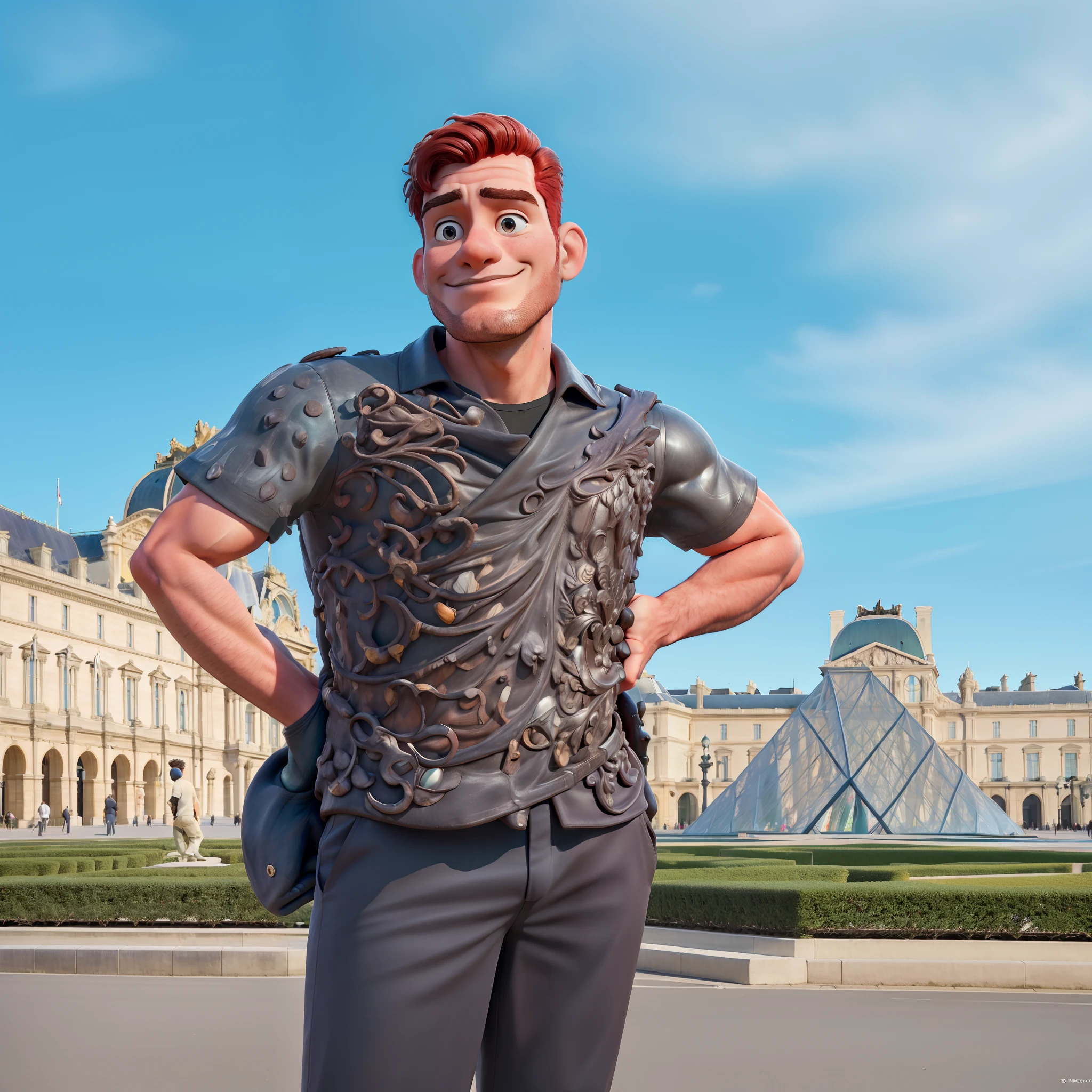 Um homem moreno, de 1.70m, with arms at the waist, em frente ao Museu do Louvre em Paris no estilo Disney