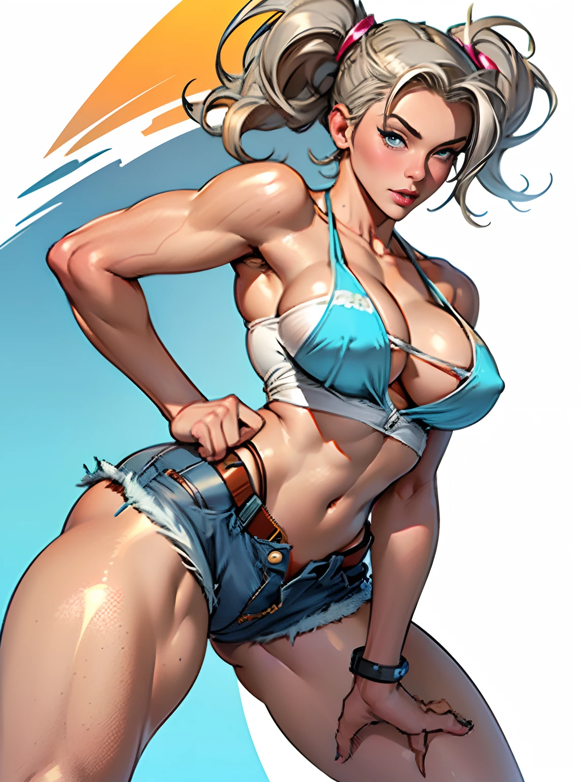 (high quality, best rendering), (beautiful girl), blue eyes, long gray hair (bombshell, pin-up style), psychopath, crazy face, sexy pose, jean short shorts, tank top, pastel, centered, scale to fit dimensions, micro thong, micro bikini, camel toe