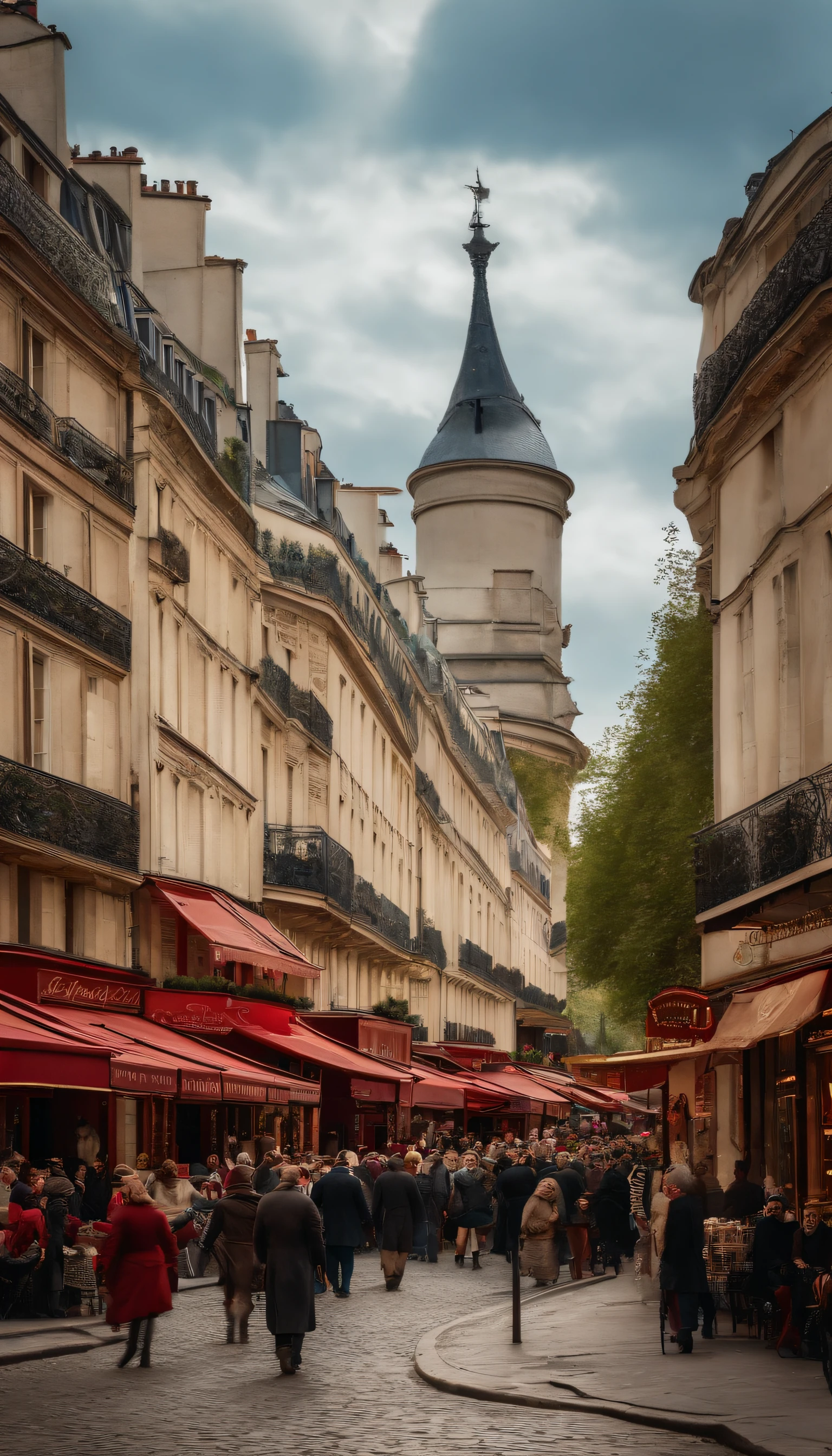 Paris street, moulin Rouge area in the 17th century, wide street view, people on the street, daytime, market life, horses, crowd
