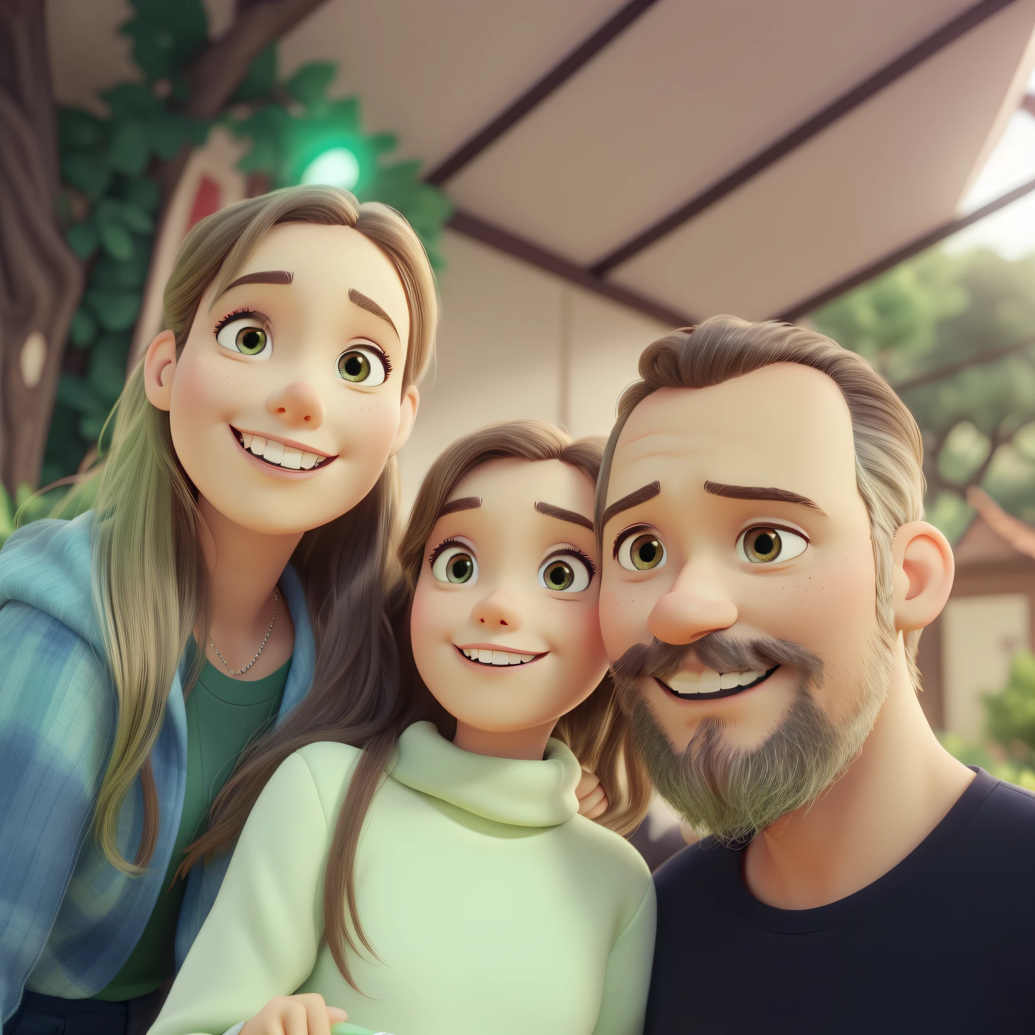 Pixar style family there's a man and a woman and a girl posing for a photo, divertindo-se, Happy family, trees in the background, Family Portrait High Quality Best Quality