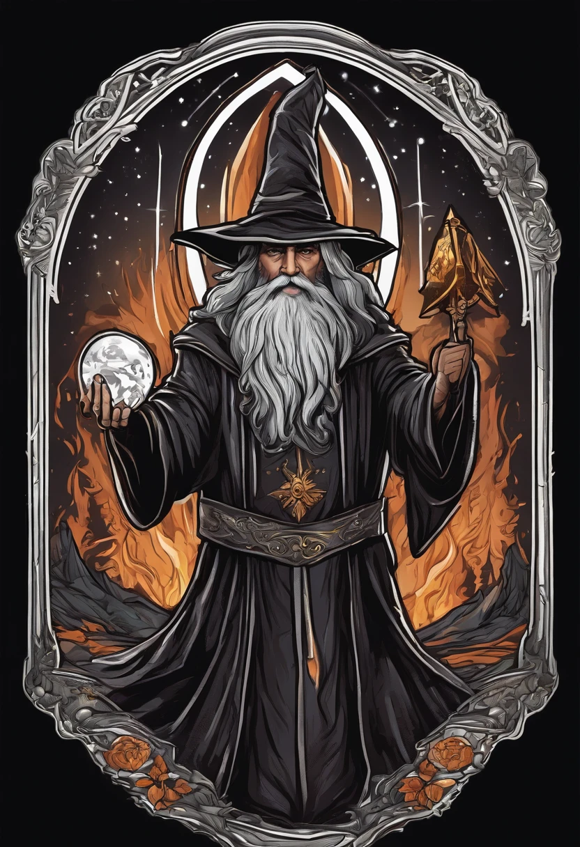 /imagine prompt: wizard illustration for a sticker with a black background, in bold outline style, jagged edges, trashcore, light shading --v 5.2