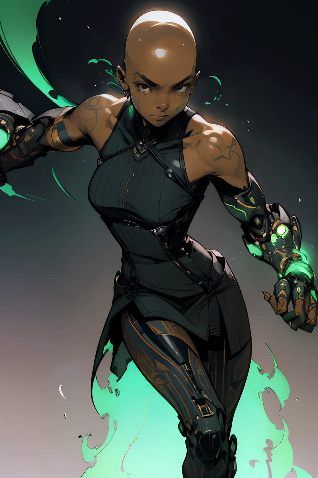 bald dark-skinned woman in a dress with mechanical arms, excellent lighting, sidelighting, (), vhsKeeper,, style GUILTY GEAR -STRIVE perfect(flat color: 1.3), (multicolored_background: 1.3), striped_background, card_background, :: comix style by joe madureira :: , perfect and detailed, ultra detailed shirt with abstract design, image of full body girls fighting , with mechanical arms, with immersive effects, hover effect, "ultra HDR" detailed and with focus effect, (masterpiece: 1.2, best quality), (beautiful eyes finely detailed: 1.2), , ((Solo)), (Finely detailed eyes and detailed face :1.3), in various full-body attack poses, (cute background: 1.2),futuristic costume, fantastic paintings, accurate anatomy, (color ink sketch by John Streets, Andrew Kohn)